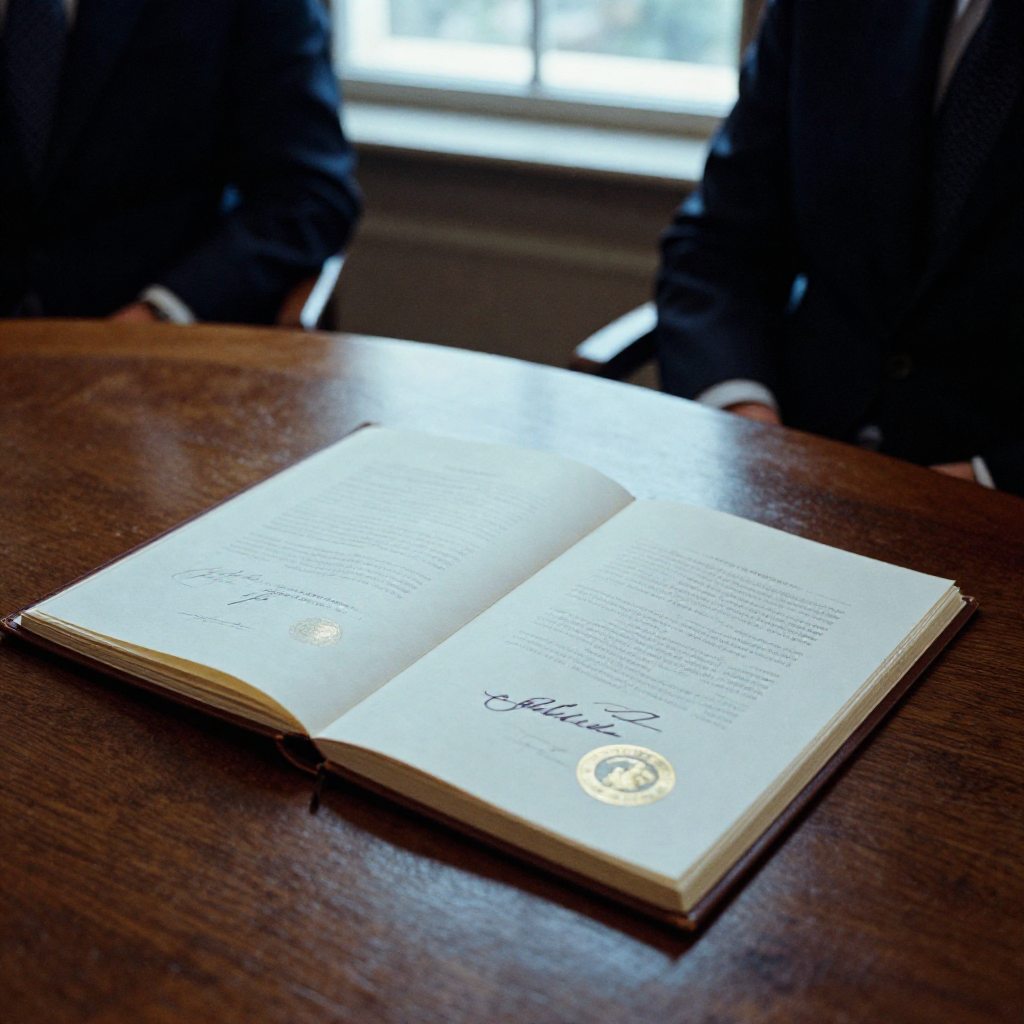 muted documentary photography, diplomatic setting, formal atmosphere, institutional gravitas, desaturated color palette, press photography style, 35mm film grain, natural lighting, professional photojournalism, a leather-bound treaty ledger open on a polished oak table, its pages faintly glowing with a cool blue hue from an unseen source, inked signatures and official seals in deep umber and gold, side-lit by low-angle light from a high window, atmosphere of hushed gravity and provisional calm [Z-Image Turbo]