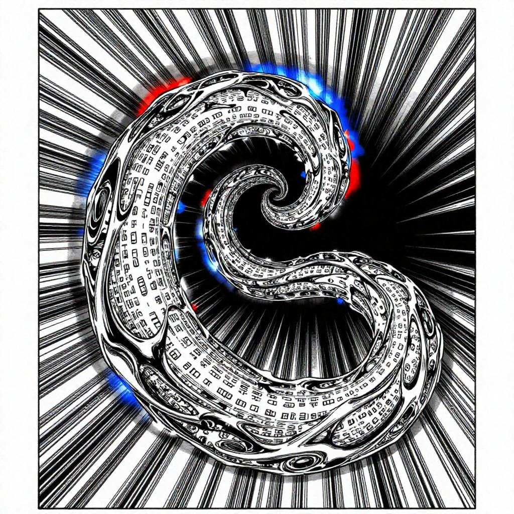black and white manga panel, dramatic speed lines, Akira aesthetic, bold ink work, A fractal ouroboros coiled in mid-digital void, its body composed of shimmering, self-generating lines of code that rewrite and replicate as they circulate, speed lines radiating outward from its core, backlit by pulses of crimson and electric blue light, the surface textured like liquid mercury etched with glowing symbols, suspended in a vast black expanse that deepens into infinite recursion at its tail [Z-Image Turbo]