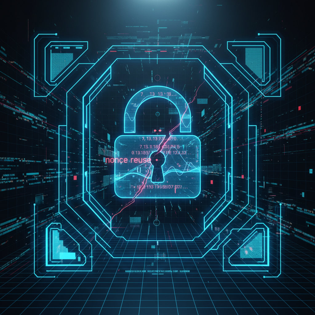 first-person view through futuristic HUD interface filling entire screen, transparent holographic overlays, neon blue UI elements, sci-fi heads-up display, digital glitch artifacts, RGB chromatic aberration, data corruption visual effects, immersive POV interface aesthetic, a fractured digital lock suspended in the center of a transparent heads-up display, its tumblers made of flickering prime-number sequences and shimmering elliptic curve fragments, cracked along a seam labeled 'nonce reuse', ambient data streams glowing in dark teal and crimson along the HUD edges, cold backlighting from above casting sharp shadows through the interface grid, sterile and urgent atmosphere of a security system failing in real time [Nano Banana]