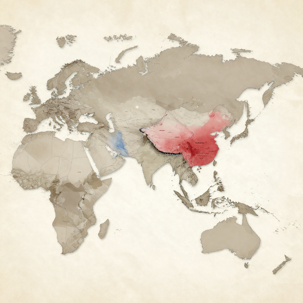 flat color political map, clean cartographic style, muted earth tones, no 3D effects, geographic clarity, professional map illustration, minimal ornamentation, clear typography, restrained color coding, a flat 2D world map split by a jagged, luminous fault line running between East Asia and North America, inked borders with precise, clean lines, subtle blue and red washes differentiating data sovereignty zones, faint dashed paths showing blocked semiconductor routes with annotation labels like 'SMIC sanctions' and 'GAFA data ban', overhead lighting casting soft shadows on parchment-like surface, atmosphere of quiet geopolitical finality [Z-Image Turbo]