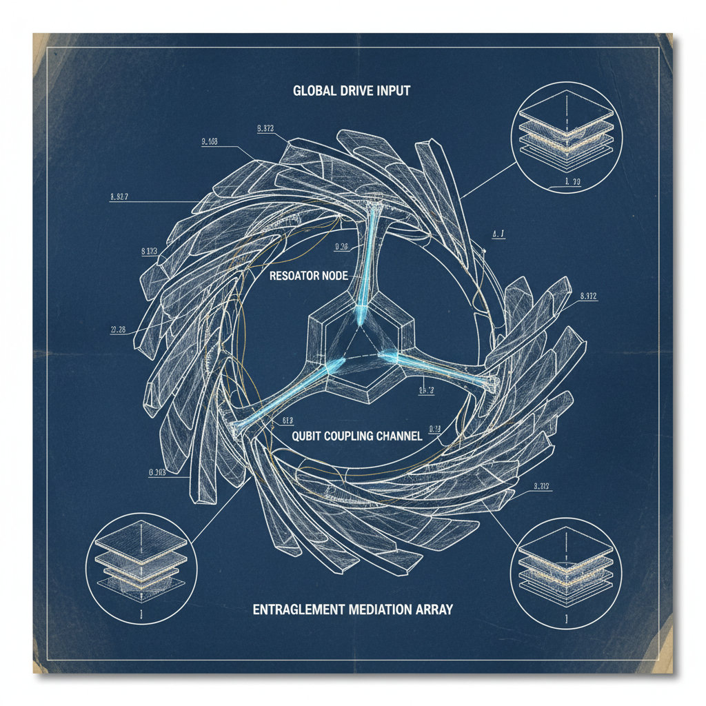 technical blueprint on blue paper, white precise lines, engineering annotations, 1950s aerospace, Cutaway schematic of a quantum actuator core, layered crystalline waveguides interlaced with superconducting control rings, central resonator node splitting into annotated pathways labeled "global drive input," "qubit coupling channel," and "entanglement mediation array," fine gold tracery mapping energy flow, soft blue glow emanating from interior channels, precise line illustrations with floating dimension tags and cross-section reveals, crisp white background with minimal shadow depth [Nano Banana]