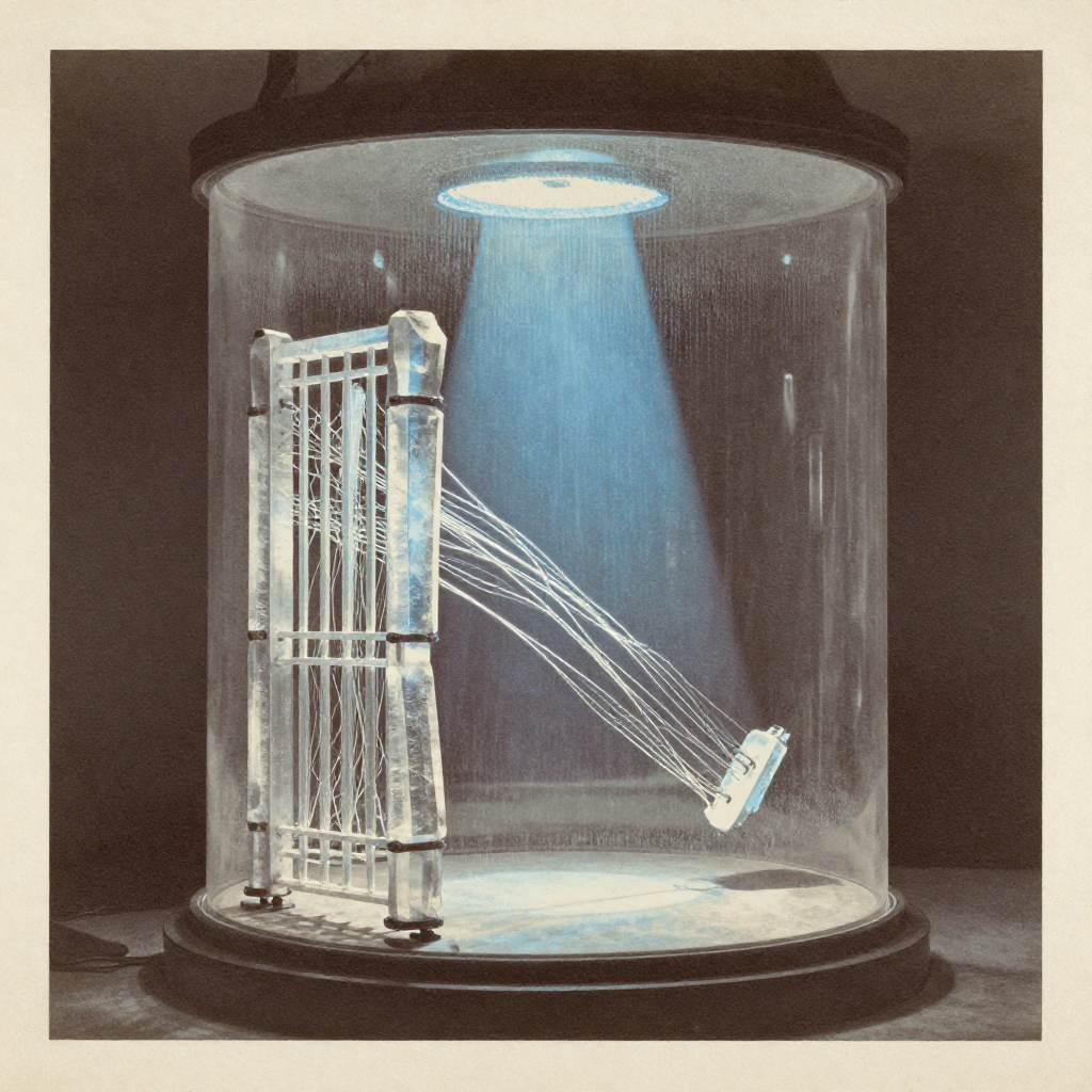 vintage Victorian newspaper photograph, sepia tone, aged paper texture, halftone dot printing, 1890s photojournalism, slight grain, archival quality, authentic period photography, a fractured modular inversion gate, forged from translucent cryo-crystal and interwoven superconducting filaments, lit from the side by a cold blue beam slicing through darkness, suspended in a vacuum chamber thick with condensation and fading resonance waves [Z-Image Turbo]