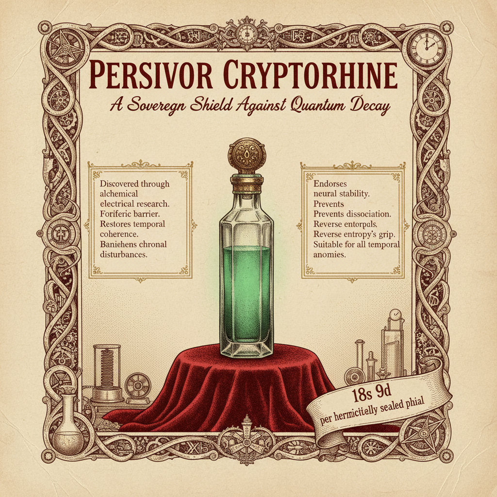 Victorian patent medicine advertisement, ornate decorative border with scrollwork and mechanical flourishes resembling cryptographs and gears, bold Victorian serif typography headline reading "PERSIVOR CRYPTORHINE", elegant glass medicine bottle with glowing emerald liquid and hermetic seal, illuminated as if sacred, on draped velvet stand, aged sepia paper texture with halftone printing effect, subtitle "A Sovereign Shield Against Quantum Decay" in cursive beneath headline, claims in twin framed panels with fine borders, price "18s 9d per hermetically sealed phial" in ribboned cartouche at lower right, Victorian era commercial advertising aesthetic, 1890s design style with alchemical and early electrical motifs [Nano Banana]