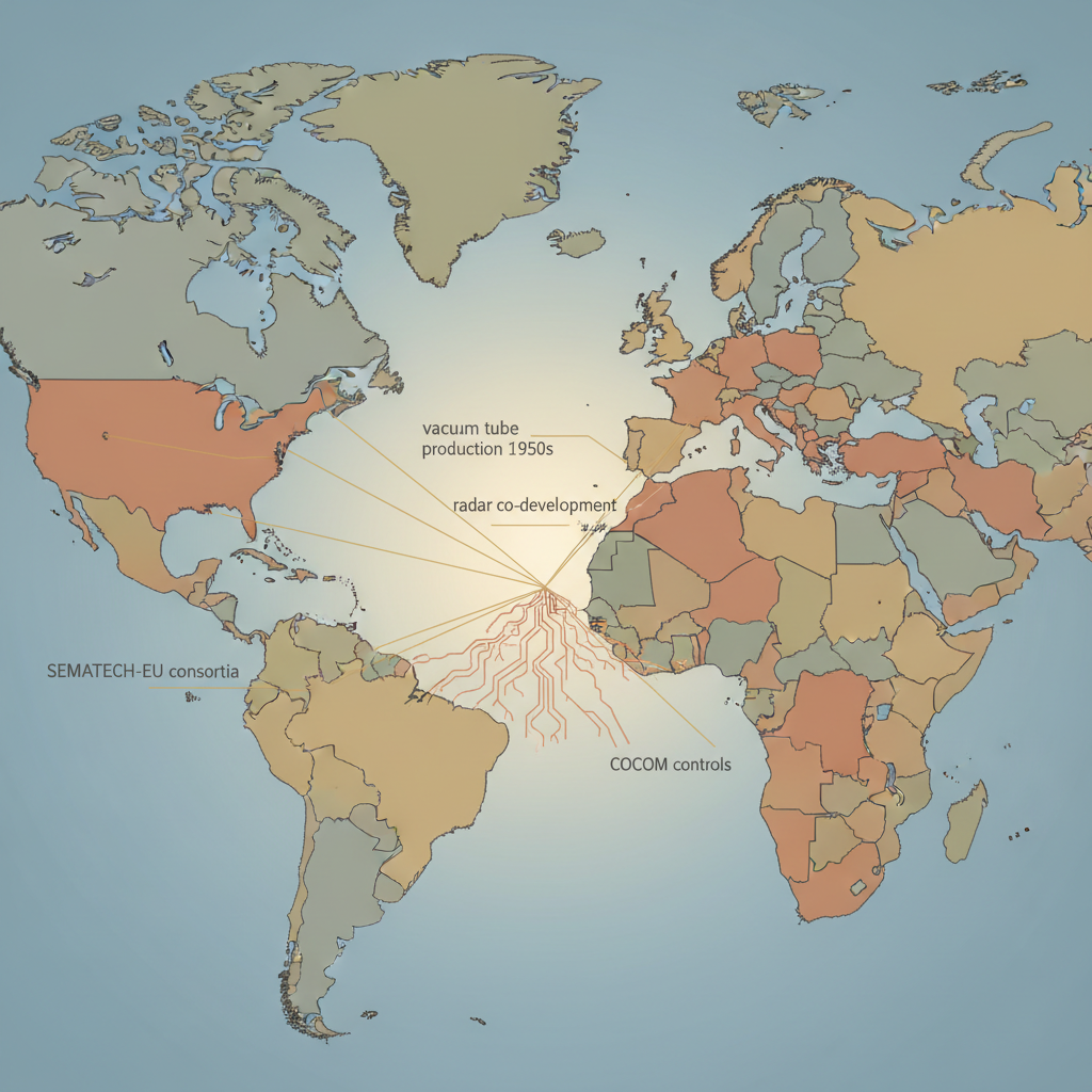 flat color political map, clean cartographic style, muted earth tones, no 3D effects, geographic clarity, professional map illustration, minimal ornamentation, clear typography, restrained color coding, Flat 2D political map of North America and Western Europe, clean vector-style lines, soft earth-tone differentiation between nations, illuminated by a faint gradient suggesting dawn over the Atlantic, with fine golden lines tracing bidirectional technology flows across the ocean—labeled "vacuum tube production 1950s", "radar co-development", "COCOM controls", "SEMATECH-EU consortia" —and delicate root-like circuit patterns growing from both continents toward each other, meeting mid-Atlantic, symbolizing shared technological survival [Nano Banana]