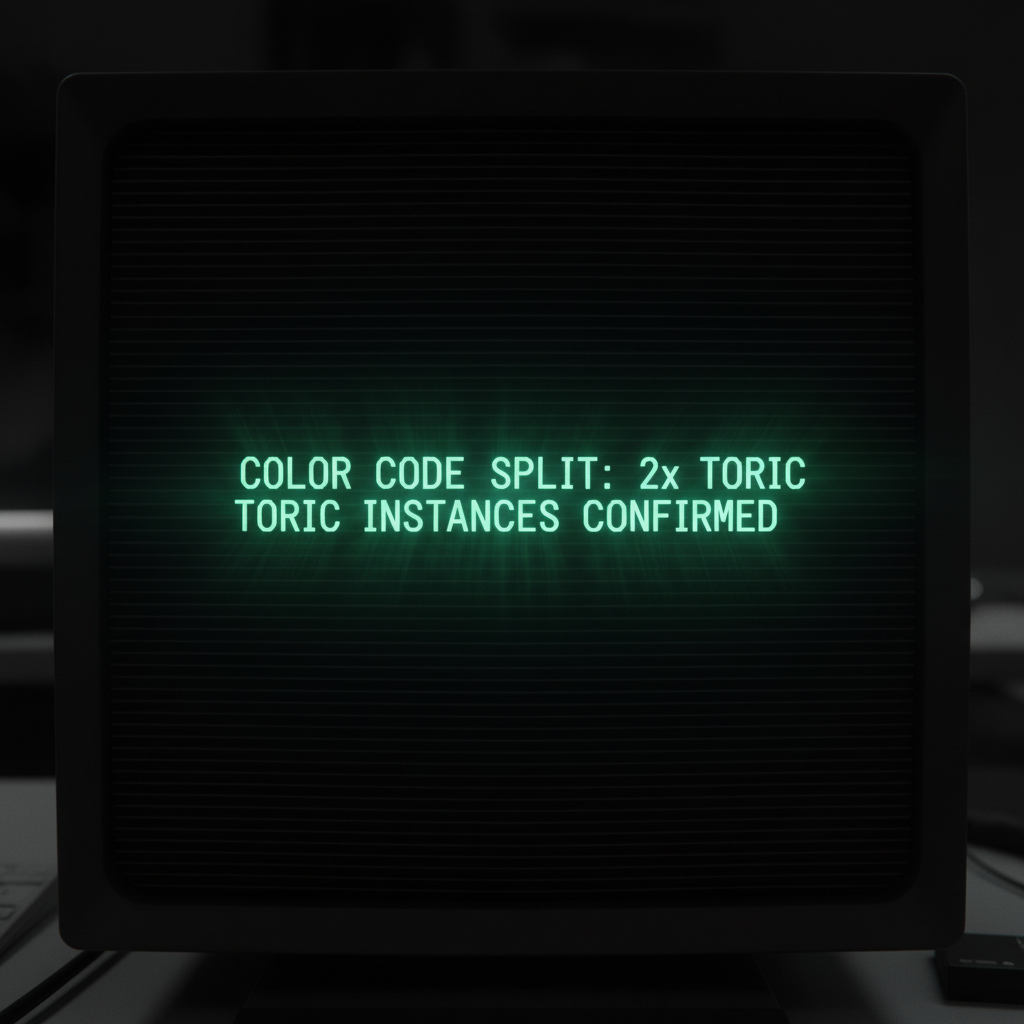 full screen view of monochrome green phosphor CRT terminal display, command line interface filling entire frame, heavy scanlines across black background, authentic 1970s computer terminal readout, VT100 style, green text on black, phosphor glow, screen curvature at edges, "COLOR CODE SPLIT: 2x TORIC INSTANCES CONFIRMED" in crisp monospace font, center screen, soft cyan glow emanating from characters, text slightly overexposed at center with faint diffraction spikes, stark black background, atmosphere of quiet awe—like a silent alarm sounding in the architecture of reality [Nano Banana]
