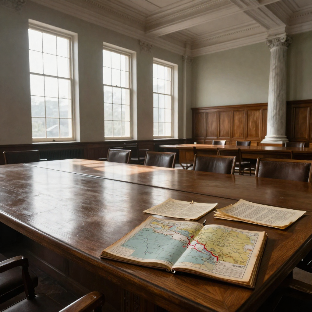 empty formal interior, natural lighting through tall windows, wood paneling, institutional architecture, sense of history and permanence, marble columns, high ceilings, formal furniture, muted palette, a vast oak committee table in a silent war cabinet room, cracked leather-bound atlases and yellowed telegrams scattered across its surface, one map pinned open to a red-inked Strait of Hormuz, morning light slicing through tall, dusty windows at a low angle, casting long shadows over the empty chairs, the air thick with stillness and unresolved consequence [Z-Image Turbo]