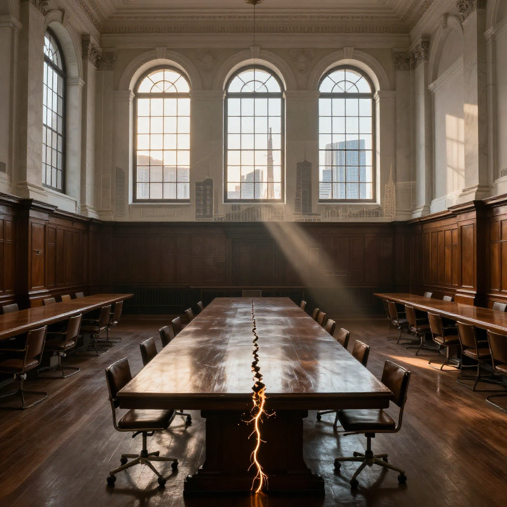 empty formal interior, natural lighting through tall windows, wood paneling, institutional architecture, sense of history and permanence, marble columns, high ceilings, formal furniture, muted palette, a vast, empty colonial-era boardroom, dark mahogany table cracked and split down the center with luminous fiber-optic lines pulsing beneath like circulatory veins, natural light streaming horizontally through tall, arched windows at dusk, dust suspended in golden beams, the far wall lined with fading portraits half-covered by translucent financial overlays showing Singapore, Tokyo, and Sydney skylines [Z-Image Turbo]