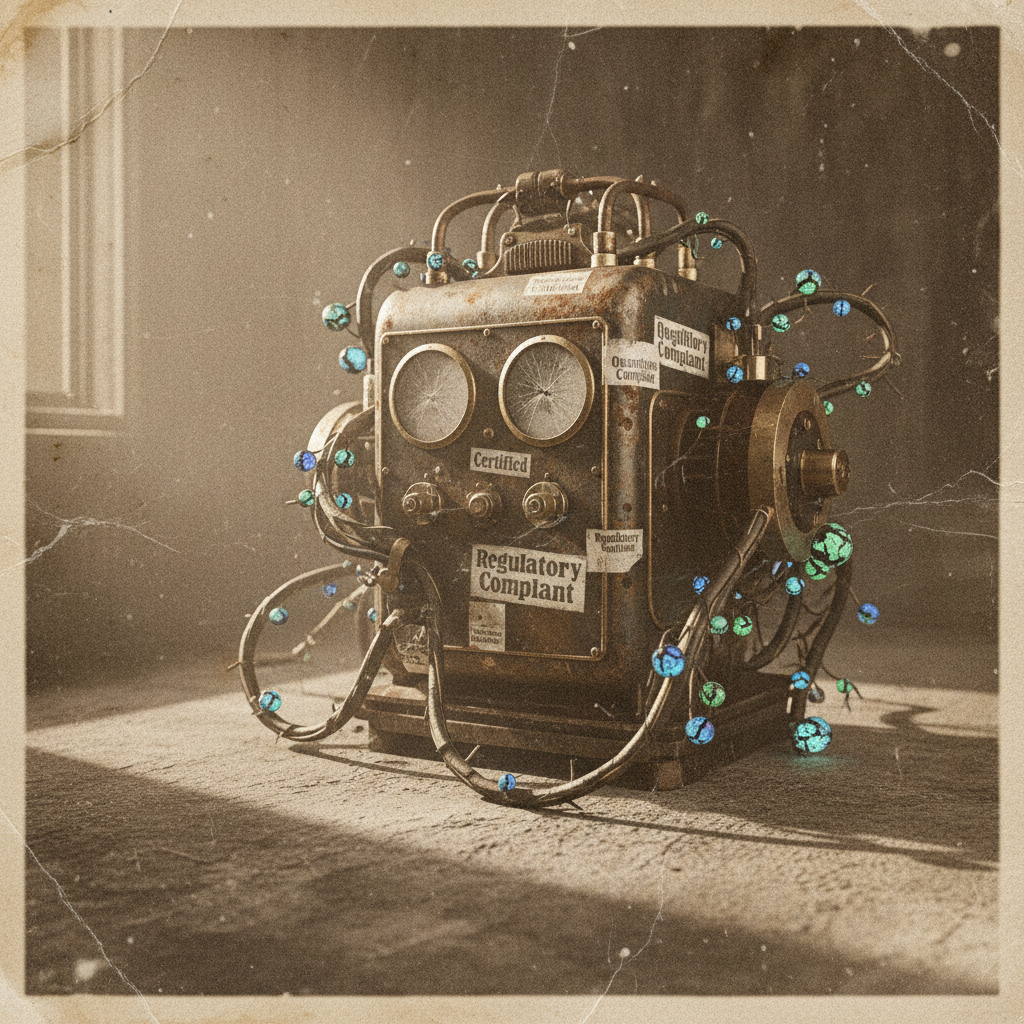 vintage Victorian newspaper photograph, sepia tone, aged paper texture, halftone dot printing, 1890s photojournalism, slight grain, archival quality, authentic period photography, A rusted, steam-punk-style generator with cracked dials and frayed wires, its surface covered in peeling stickers reading "Certified," "Quantum-Safe," and "Regulatory Compliant," overtaken by thick, rubbery vines sprouting glowing but fractured LED berries, illuminated by intense side light casting long mechanical shadows across a concrete floor, the air heavy with drifting dust and the hum of failing circuits. [Nano Banana]