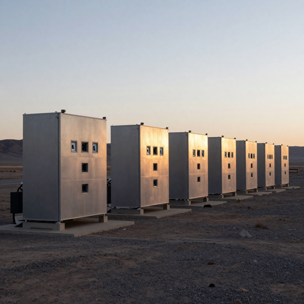 industrial scale photography, clean documentary style, infrastructure photography, muted industrial palette, systematic perspective, elevated vantage point, engineering photography, operational facilities, a line of resonant verification portals, steel and composite neutron-shielded enclosures with recessed sensor arrays, dawn light raking from the east, silhouetted against a pale sky on a remote high-desert plateau, each unit humming with latent detection energy, atmosphere of quiet vigilance and irreversible transparency [Z-Image Turbo]