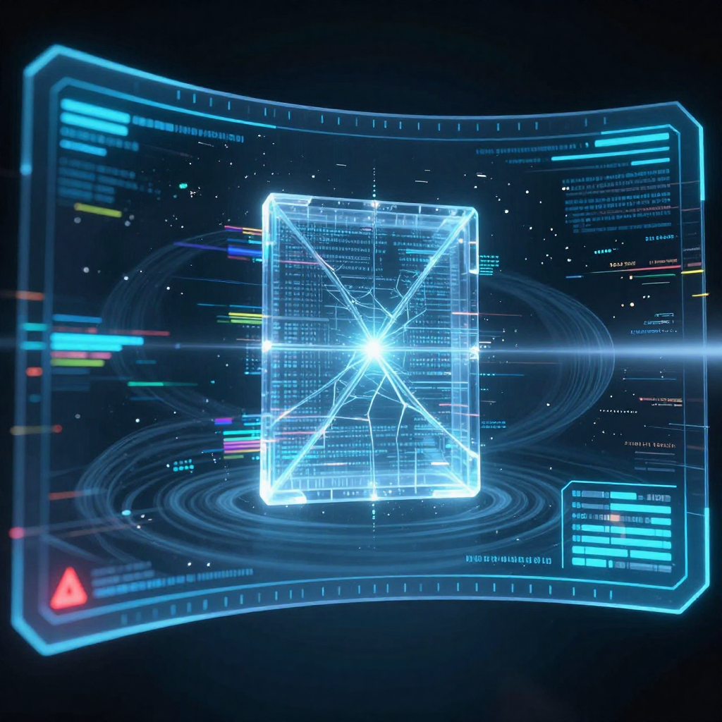 first-person view through futuristic HUD interface filling entire screen, transparent holographic overlays, neon blue UI elements, sci-fi heads-up display, digital glitch artifacts, RGB chromatic aberration, data corruption visual effects, immersive POV interface aesthetic, Transparent crystalline ledger suspended in darkness, its internal lattice glowing faintly with encoded light patterns, now showing hairline fractures spreading from a central point, surrounded by a faint concentric wavefront as if struck by an invisible force; viewed through a curved heads-up display with thin blue glyphs flickering along the top and bottom edges, a small red warning icon pulsing in the lower left corner, and a narrow beam trajectory indicator sweeping slowly across the upper right—like a silent, ongoing diagnostic—soft ambient backlighting the interface from behind, creating a cold, clinical atmosphere of surveillance and impending breach [Z-Image Turbo]