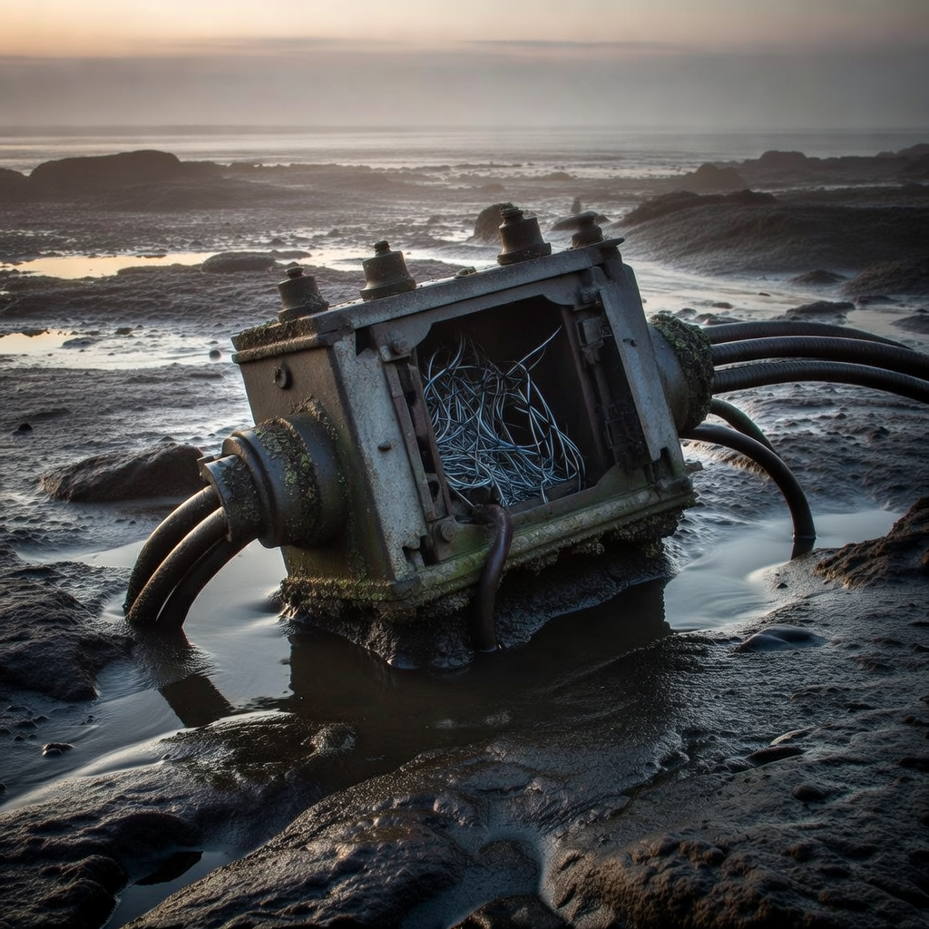 industrial scale photography, clean documentary style, infrastructure photography, muted industrial palette, systematic perspective, elevated vantage point, engineering photography, operational facilities, a frayed undersea cable junction box half-buried in tidal sediment, corroded copper strands emitting faint pulses of blue light, shot from low elevation at dusk with long shadows stretching across wet rock, atmosphere thick with salt haze and the sense of submerged tension [Bria Fibo]