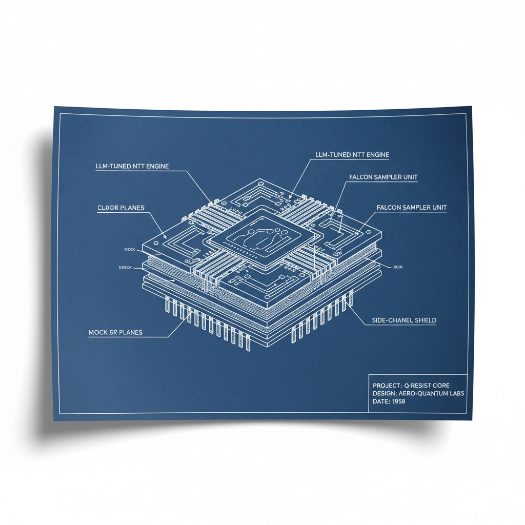 technical blueprint on blue paper, white precise lines, engineering annotations, 1950s aerospace, cutaway view of a quantum-resistant cryptographic core embedded in an FPGA die, layered silicon and metal interconnects revealing algorithmic and hardware co-design zones, vertical annotation lines labeling AI-optimized modules: 'LLM-Tuned NTT Engine', 'FALCON Sampler Unit', 'Side-Channel Shield', overhead lighting creating crisp shadows, technical diagram atmosphere with white negative space and precise linework [Nano Banana]