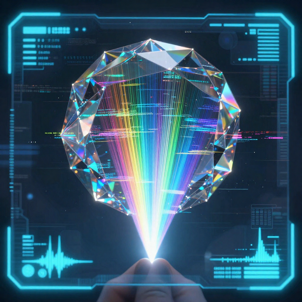 first-person view through futuristic HUD interface filling entire screen, transparent holographic overlays, neon blue UI elements, sci-fi heads-up display, digital glitch artifacts, RGB chromatic aberration, data corruption visual effects, immersive POV interface aesthetic, a crystalline spectrum lens floating in view, faceted with iridescent layers that refract light into thousands of precise spectral bands, viewed through a transparent heads-up display, sharp horizontal glow lines framing the edges, frequency calibration glyphs glowing softly in the lower corners, a single beam of white light entering the center and splitting into a perfectly ordered rainbow matrix, cool directional light from behind, atmosphere of silent technological precision [Z-Image Turbo]