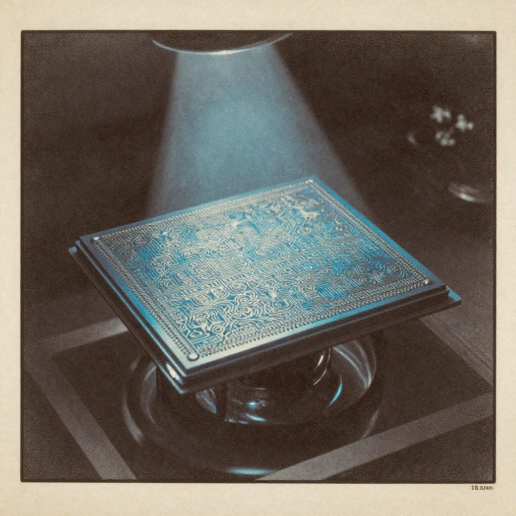 vintage Victorian newspaper photograph, sepia tone, aged paper texture, halftone dot printing, 1890s photojournalism, slight grain, archival quality, authentic period photography, a quantum processor lattice of niobium and silicon, etched with microscopic fractal pathways, suspended in partial vacuum with faint condensation glinting at the edges, illuminated by a sharp lateral beam of cold blue light slicing through darkness, atmosphere of silent precision and latent transformation [Z-Image Turbo]