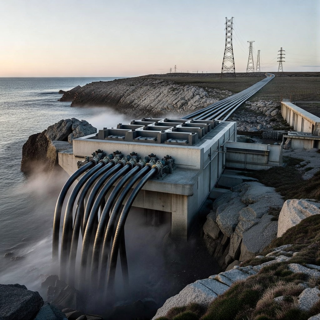 industrial scale photography, clean documentary style, infrastructure photography, muted industrial palette, systematic perspective, elevated vantage point, engineering photography, operational facilities, A concrete-lined undersea cable landing station on a rocky Arctic shore, rows of thick armored fiber-optic cables emerging from the ocean like steel roots, bolted into a grid of reinforced plinths, pale dawn light glancing off wet stone and metal conduits, mist clinging to the ground as if the land itself is hesitant to wake, the cables stretching inland in rigid parallel lines toward distant transmission towers, the entire structure a surgical seam between territory and control [Bria Fibo]