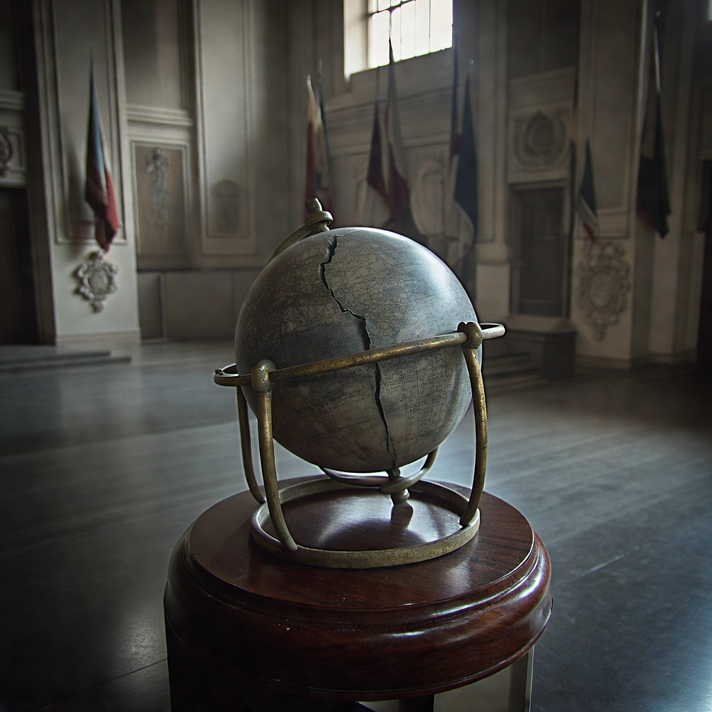 muted documentary photography, diplomatic setting, formal atmosphere, institutional gravitas, desaturated color palette, press photography style, 35mm film grain, natural lighting, professional photojournalism, a cracked ceremonial globe, polished mahogany base with tarnished brass meridians, side-lit from a high institutional window, resting in solemn stillness within an empty treaty hall with faded flags and dust-covered seals [Bria Fibo]