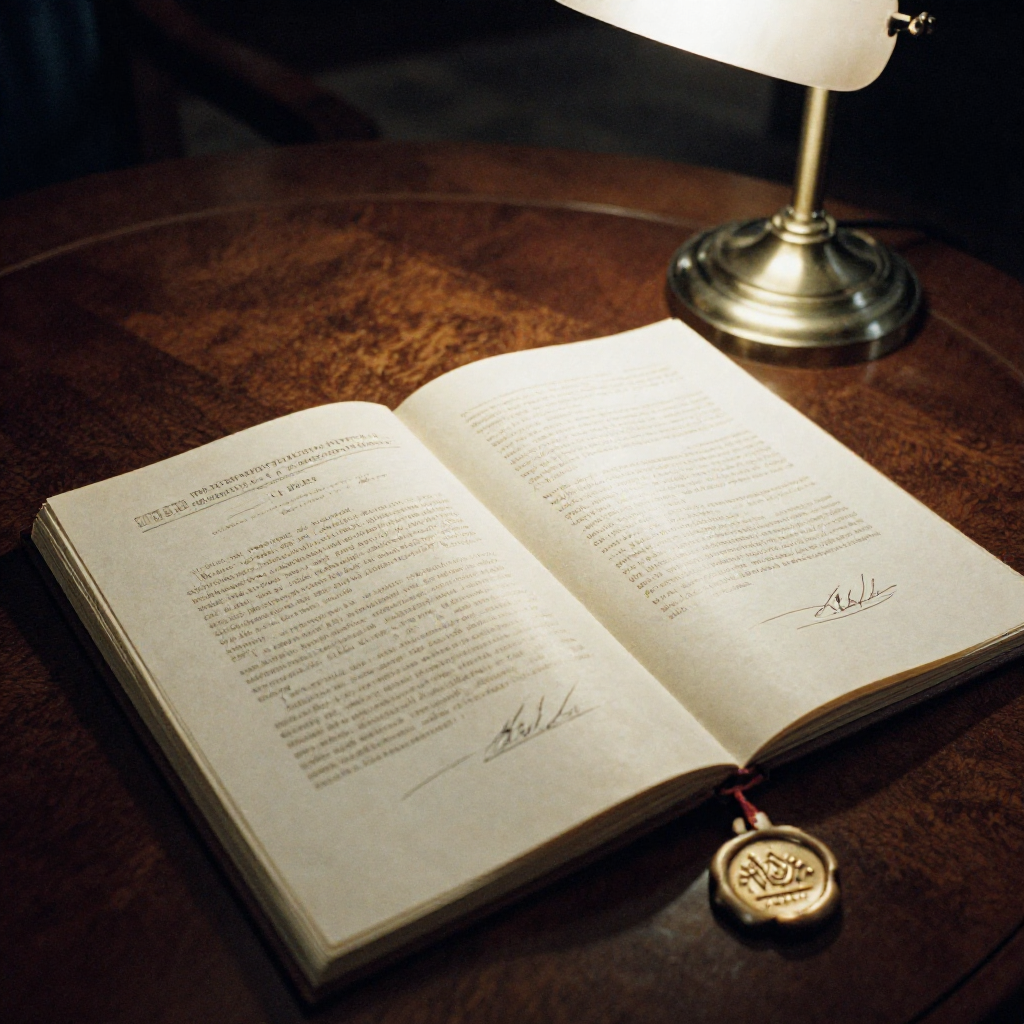 muted documentary photography, diplomatic setting, formal atmosphere, institutional gravitas, desaturated color palette, press photography style, 35mm film grain, natural lighting, professional photojournalism, a weathered treaty ledger open on a dark walnut table, its pages filled with faded ink entries documenting decades of infrastructure handovers, a fresh entry for '11 SKIES' still drying under the faint glow of a brass desk lamp, soft side lighting casting long shadows across the page, the impression of an official seal pressed deeply into warm wax at the bottom—silent, official, inevitable [Z-Image Turbo]