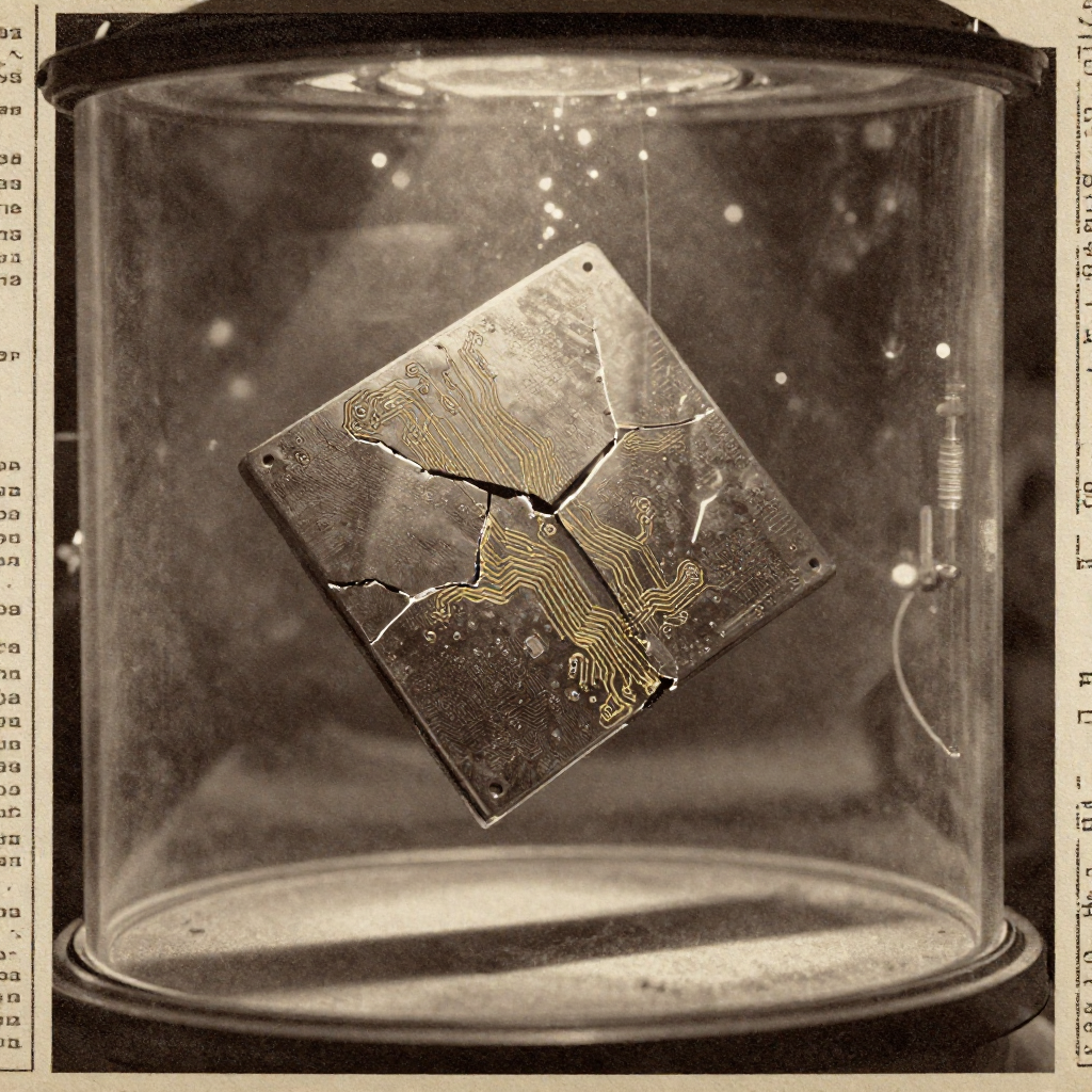 vintage Victorian newspaper photograph, sepia tone, aged paper texture, halftone dot printing, 1890s photojournalism, slight grain, archival quality, authentic period photography, a fractured silicon die, etched with glowing fault lines and micro-fractures in gold-trace circuitry, lit from the side by a sharp, cold beam that casts long shadows across its warped surface, suspended in a vacuum-sealed chamber filled with faint ionized haze—light flickers in irregular pulses, as if time itself stutters around it [Z-Image Turbo]