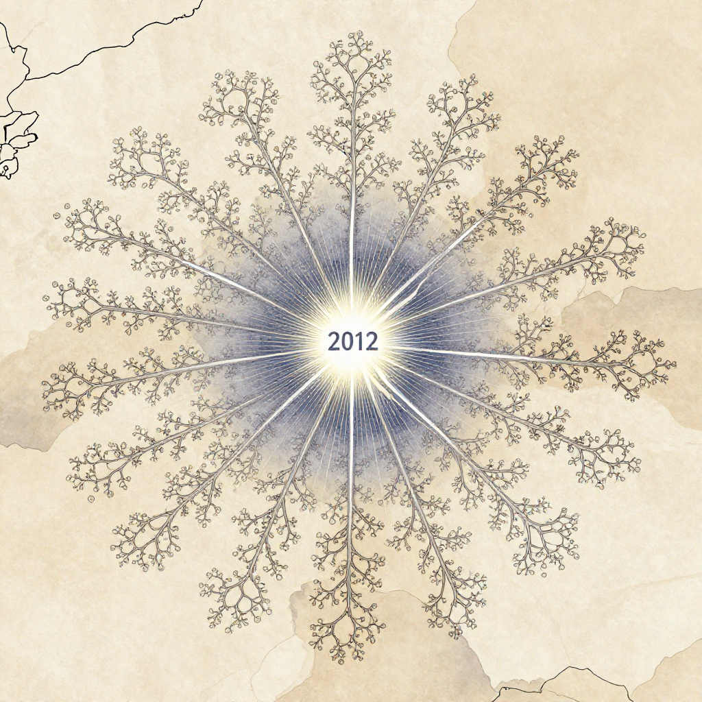 flat color political map, clean cartographic style, muted earth tones, no 3D effects, geographic clarity, professional map illustration, minimal ornamentation, clear typography, restrained color coding, a flat parchment-like map with branching, self-similar pathways converging toward a radiant terminus labeled '2012', fine ink lines forming fractal tributaries that repeat at diminishing scales, soft ochre and indigo washes differentiating eras of stasis and upheaval, annotated convergence nodes marking cultural and technological leaps, central axis drawn with a shimmering, iridescent line that fractures into infinite micro-routes near the edge, northward orientation toward a silent, glowing void [Z-Image Turbo]