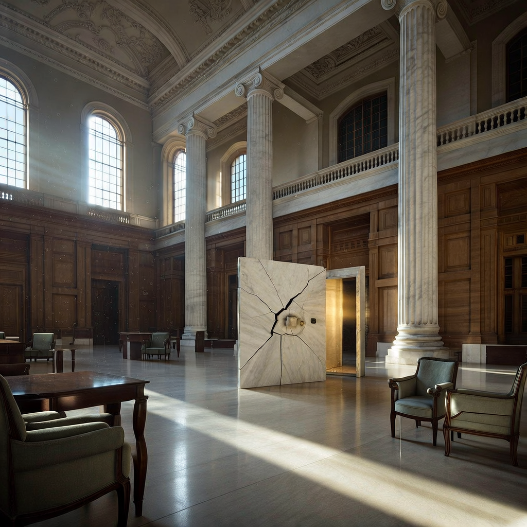 empty formal interior, natural lighting through tall windows, wood paneling, institutional architecture, sense of history and permanence, marble columns, high ceilings, formal furniture, muted palette, a cracked marble vault door standing ajar, veined white stone with hairline fractures radiating from the lock, soft golden light spilling from the darkness behind, morning sunlight slicing diagonally through high windows across an empty central bank lobby, dust suspended in the air, silence pressing through the grand, unoccupied space [Bria Fibo]