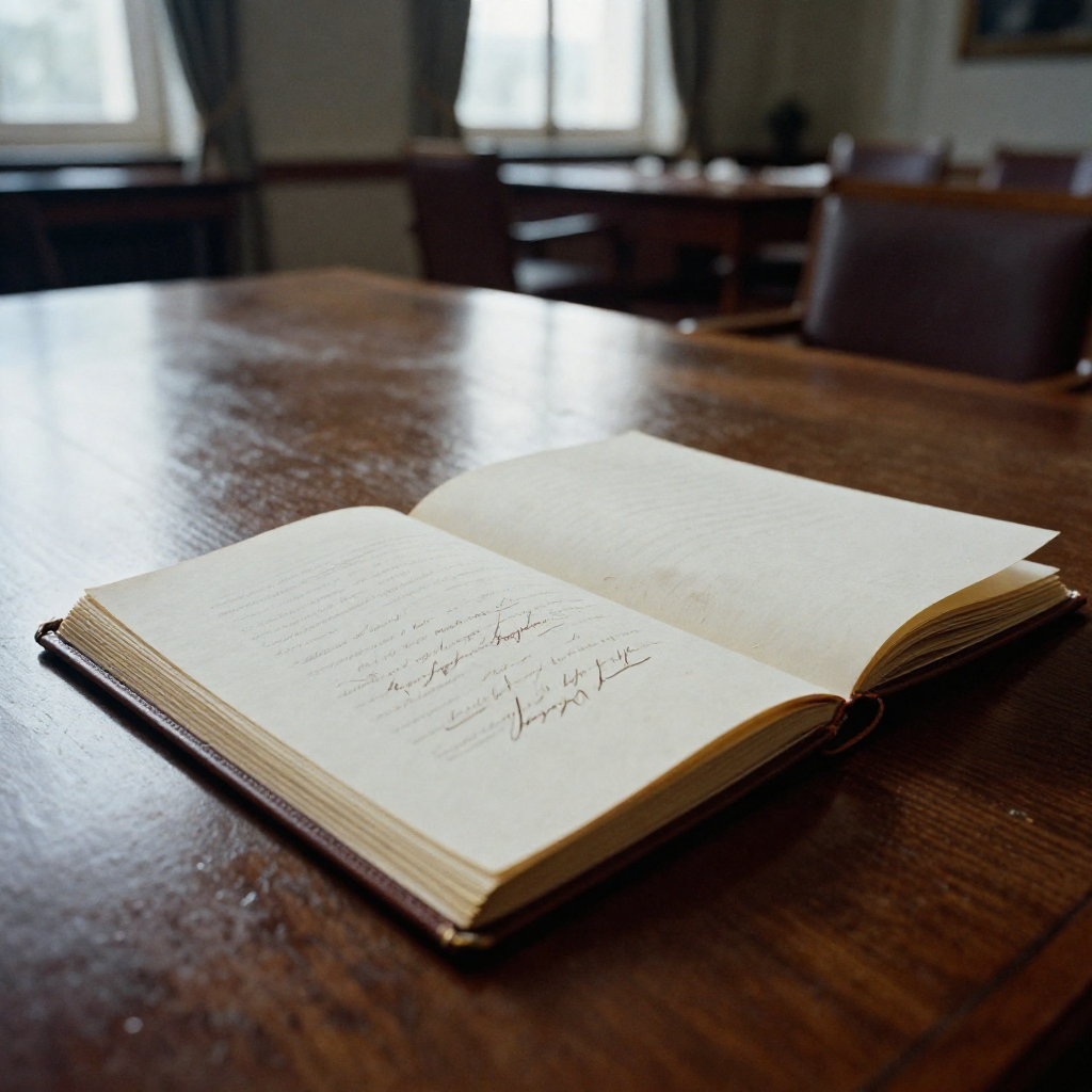 muted documentary photography, diplomatic setting, formal atmosphere, institutional gravitas, desaturated color palette, press photography style, 35mm film grain, natural lighting, professional photojournalism, a leather-bound treaty ledger open on a polished oak table, cracked gilt edges and faint fingerprints on its pages, ink slowly spreading from fresh calligraphy under slanted light from a high window, silence hanging in the dust-moted air of an empty diplomatic chamber [Z-Image Turbo]