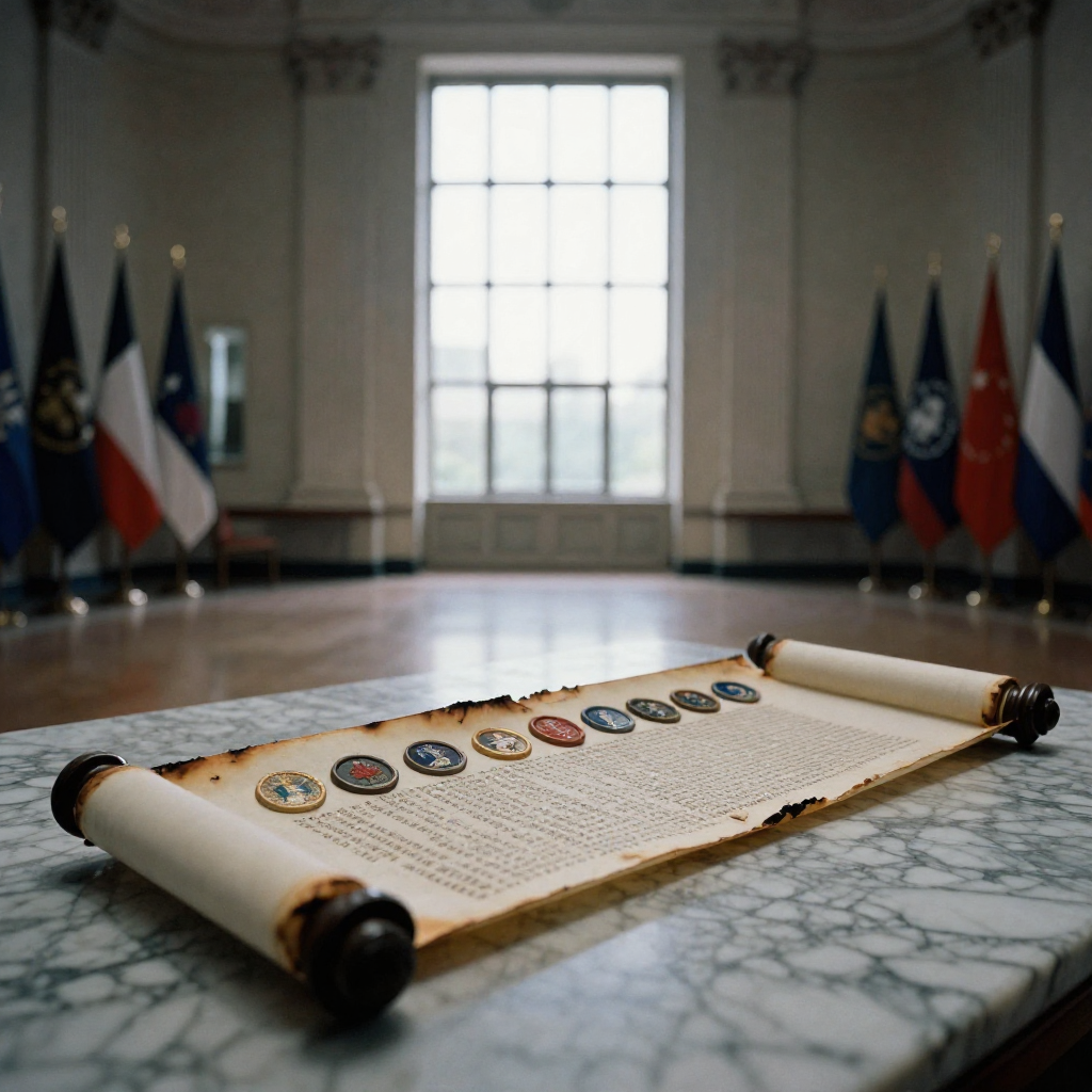 muted documentary photography, diplomatic setting, formal atmosphere, institutional gravitas, desaturated color palette, press photography style, 35mm film grain, natural lighting, professional photojournalism, a leaden scroll sealed with wax bearing multiple national emblems, its surface etched with dense, faded script and scorched at the edges, illuminated by low-angle side light from a tall institutional window, resting on a marble table in a vast, empty hall of mirrors with faded flags draped along stone walls [Z-Image Turbo]