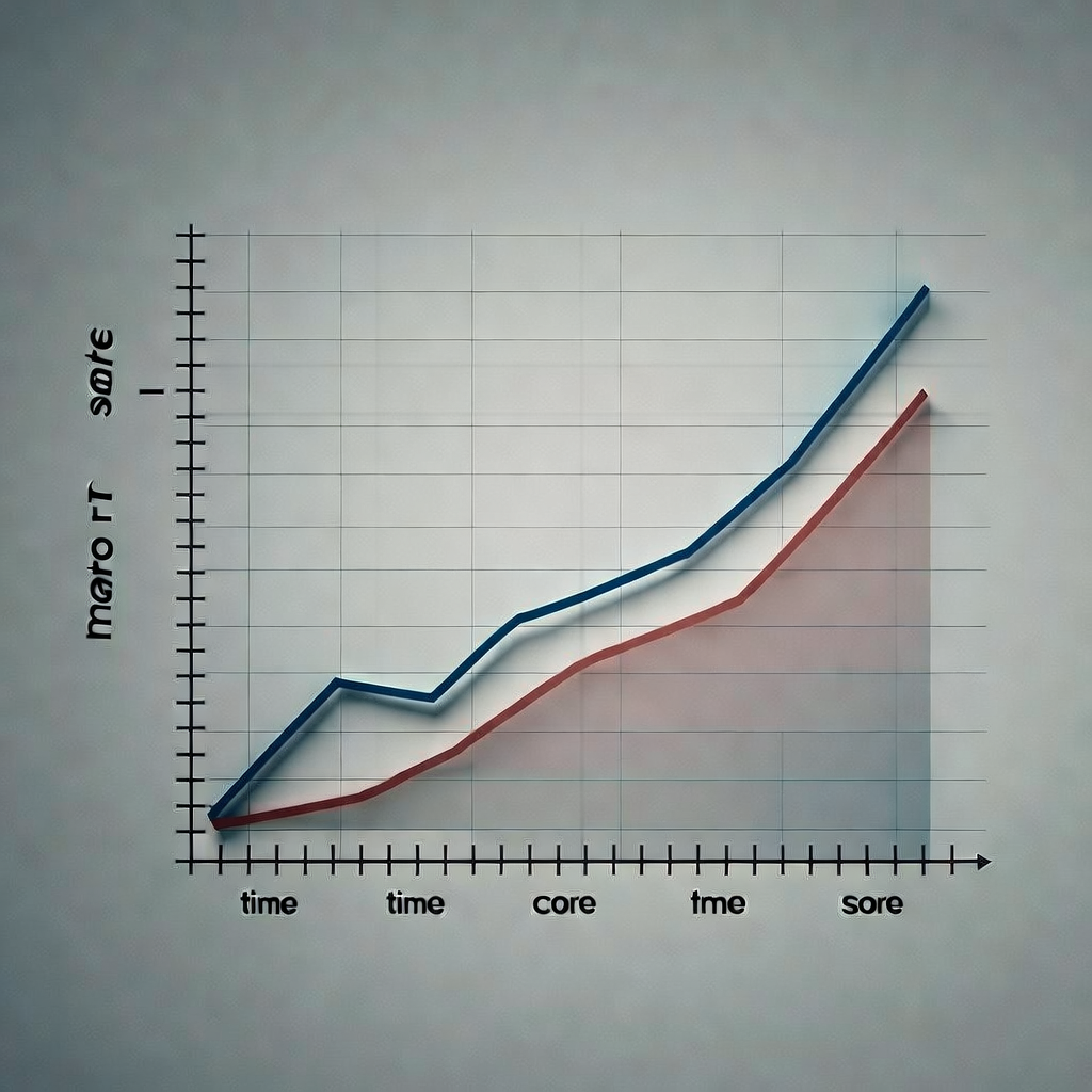 clean data visualization, flat 2D chart, muted academic palette, no 3D effects, evidence-based presentation, professional infographic, minimal decoration, clear axis labels, scholarly aesthetic, dual-axis line chart on a muted gray grid background, one line showing steady rise in behavioral detection accuracy in deep blue, the other showing stagnating performance of content-based detection in faded red, clean sans-serif axis labels with time on x-axis and macro-F1 score on y-axis, sharp black tick marks, minimal data ink, overhead fluorescent lighting casting soft horizontal shadows, atmosphere of quiet analytical certainty [Bria Fibo]