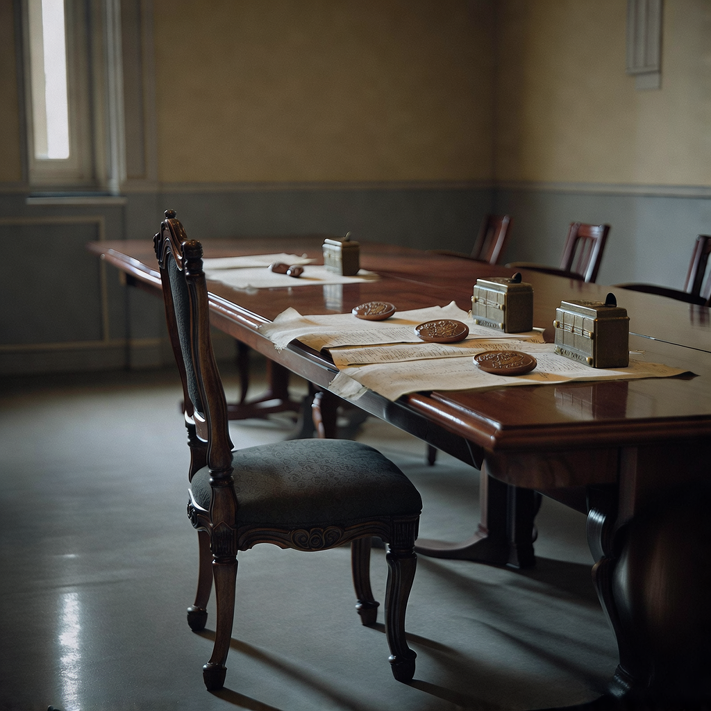 muted documentary photography, diplomatic setting, formal atmosphere, institutional gravitas, desaturated color palette, press photography style, 35mm film grain, natural lighting, professional photojournalism, an empty ornate chair at a long treaty-signing table, polished mahogany surface bearing official seals and aging parchment documents weighted down by bronze inkwells shaped like pension ledgers, side-lit by narrow window light casting long institutional shadows, atmosphere of restrained urgency in a muted ochre and slate chamber [Bria Fibo]