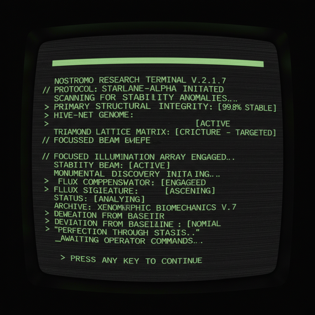 full screen view of monochrome green phosphor CRT terminal display, command line interface filling entire frame, Nostromo aesthetic, heavy scanlines across black background, authentic 1970s computer terminal readout, VT100 style, green text on black, phosphor glow, screen curvature at edges, A vast, dark chamber with a complex three-dimensional holographic lattice structure floating at its center, intricate geometric patterns resembling a honeycomb and triamond lattice glowing with internal energy, a single beam of intense focused light illuminating a critical juncture where the structure is being perfectly stabilized, an atmosphere of monumental discovery and precise control. [fal-ai/nano-banana]