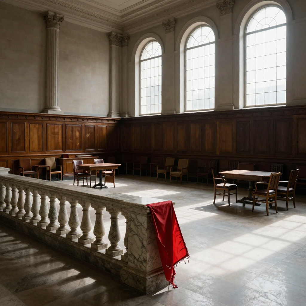 empty formal interior, natural lighting through tall windows, wood paneling, institutional architecture, sense of history and permanence, marble columns, high ceilings, formal furniture, muted palette, a frayed red signal flag caught in the ornate marble banister rails of a grand, empty legislative chamber, its fabric weathered and partially torn, sunlight streaming through tall arched windows at oblique morning angles, casting long shadows across polished stone floors, atmosphere heavy with silence and deferred decisions [Z-Image Turbo]