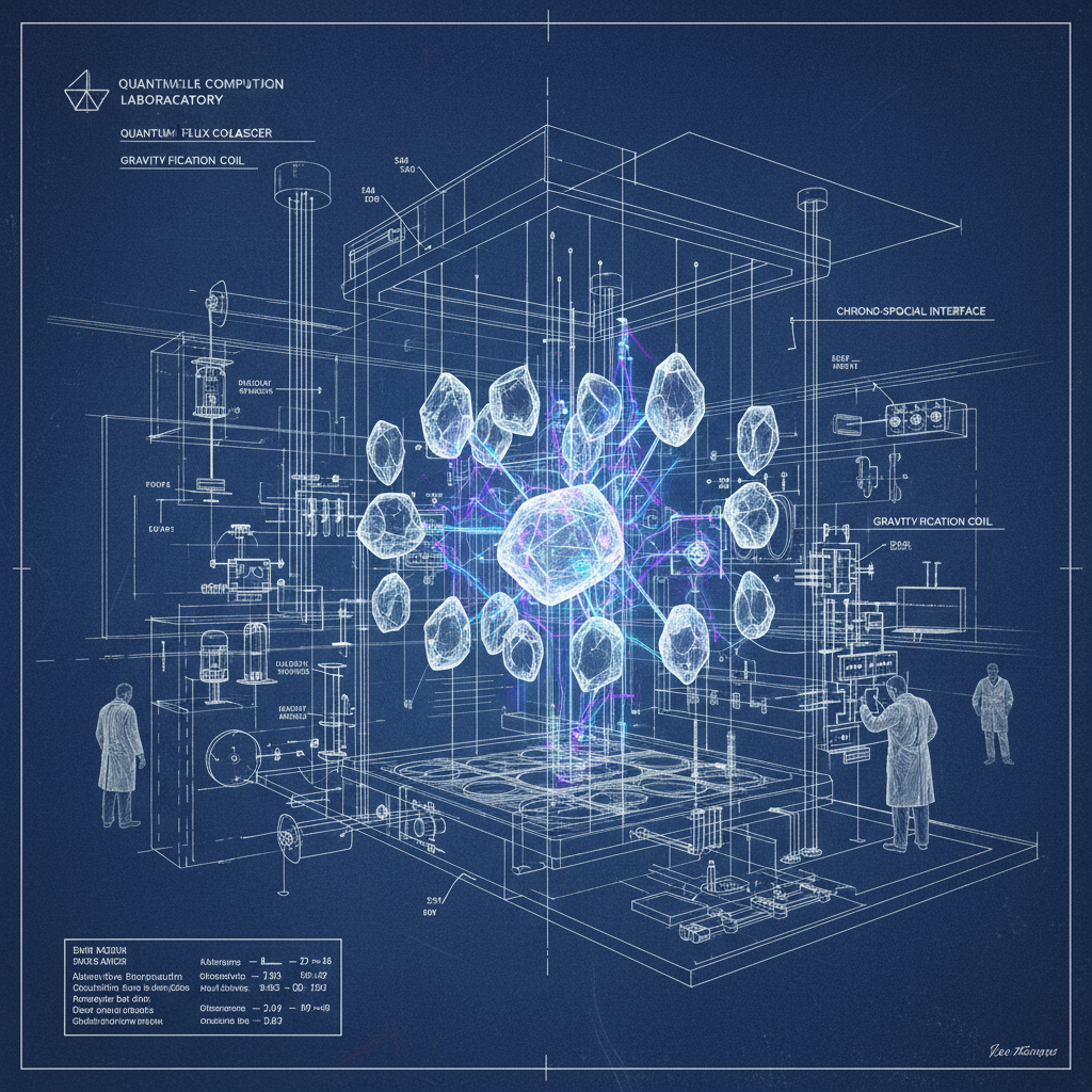 technical blueprint on blue paper, white precise lines, engineering annotations, 1950s aerospace, vast quantum computing laboratory with 120 suspended crystalline structures interconnected by glowing energy filaments in a complex web formation, harsh overhead laboratory lighting creating sharp reflections on polished surfaces and deep shadows between components, atmosphere of intense scientific precision with subtle visual distortion effects suggesting quantum superposition [fal-ai/nano-banana]