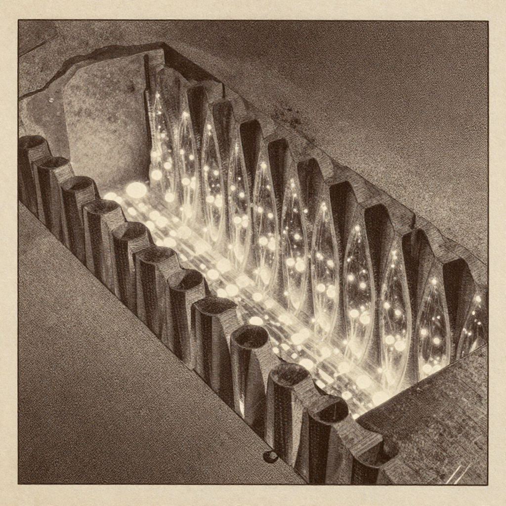vintage Victorian newspaper photograph, sepia tone, aged paper texture, halftone dot printing, 1890s photojournalism, slight grain, archival quality, authentic period photography, an altermagnetic quantum trench carved into a crystalline semiconductor lattice, its walls lined with elliptical distortions like rifled grooves, embedded with gate-tuned quantum dots glowing faintly with resonant frequencies, lit from the side by a cold beam revealing subtle dispersive shifts in the material's refractive glow, atmosphere of silent precision and hidden vitality—like a dormant circuit humming beneath still stone [Z-Image Turbo]