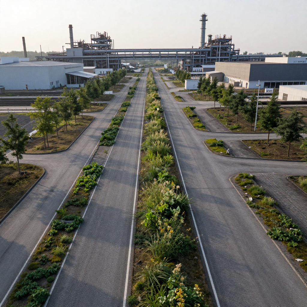 industrial scale photography, clean documentary style, infrastructure photography, muted industrial palette, systematic perspective, elevated vantage point, engineering photography, operational facilities, an overgrown road grid transforming into a living network, cracked asphalt threaded with creeping green vines and wildflowers, dawn light from the east casting long shadows over symmetrical lanes now softened by moss and young trees, atmosphere of quiet reclamation and systemic renewal [Z-Image Turbo]