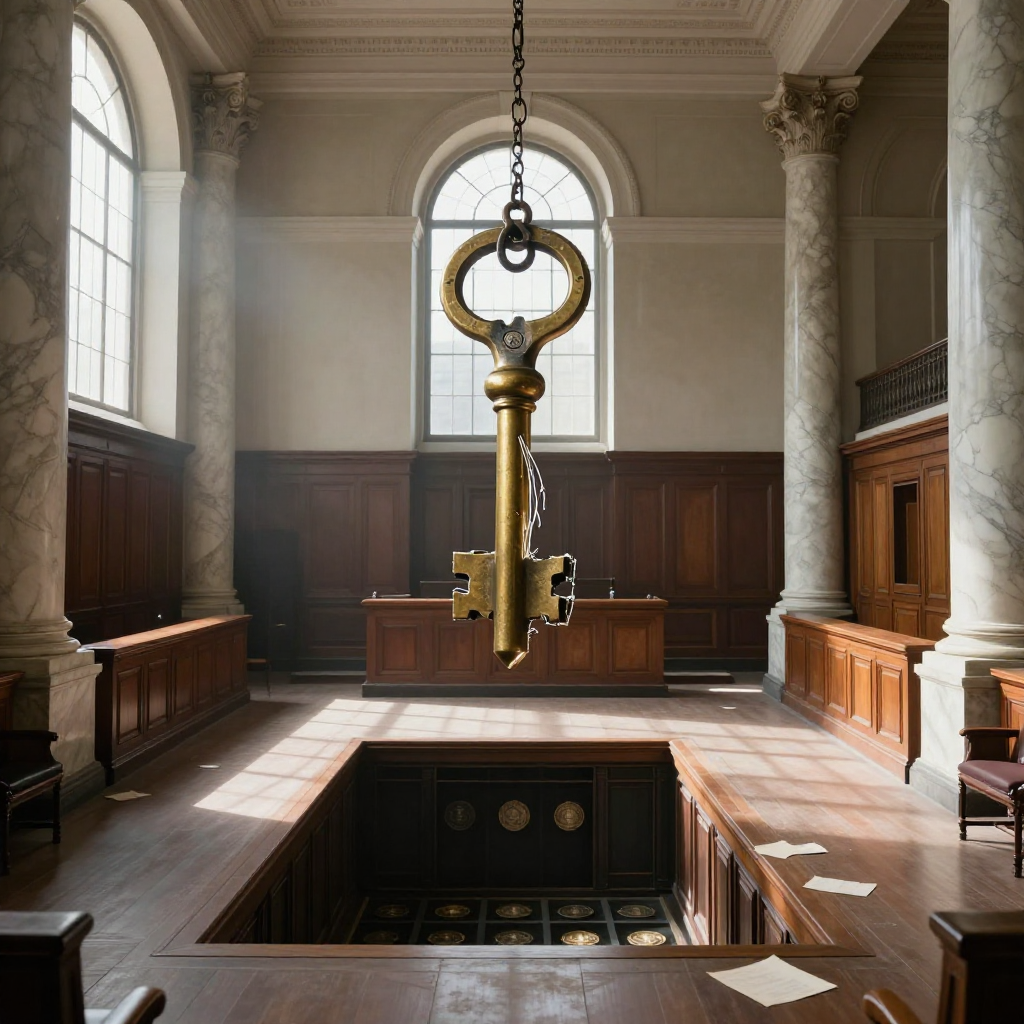 empty formal interior, natural lighting through tall windows, wood paneling, institutional architecture, sense of history and permanence, marble columns, high ceilings, formal furniture, muted palette, a fractured master key the size of a chandelier, forged from oxidized brass and fiber-optic filaments, suspended above a sunlit, empty legislative chamber with marble columns and scattered parchment; morning light streams through tall arched windows, casting long shadows; the air is still, thick with dust and silence, and beneath the key, the floor opens into a dark, bottomless grid of glowing administrative seals [Z-Image Turbo]