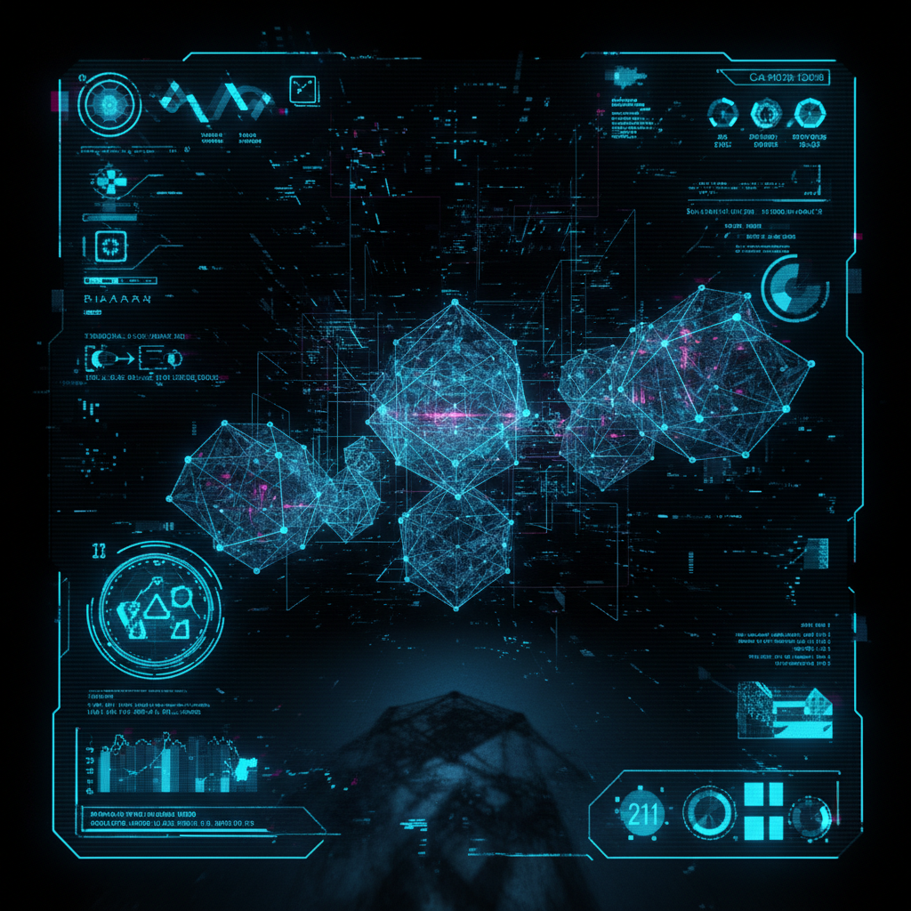 first-person view through futuristic HUD interface filling entire screen, transparent holographic overlays, neon blue UI elements, sci-fi heads-up display, digital glitch artifacts, RGB chromatic aberration, data corruption visual effects, immersive POV interface aesthetic, floating holographic lattice structures with intersecting geometric patterns suspended in dark space, sharp directional lighting from below casting long shadows across crystalline forms, intense atmosphere of mathematical revelation with subtle energy arcing between structural nodes [fal-ai/nano-banana]