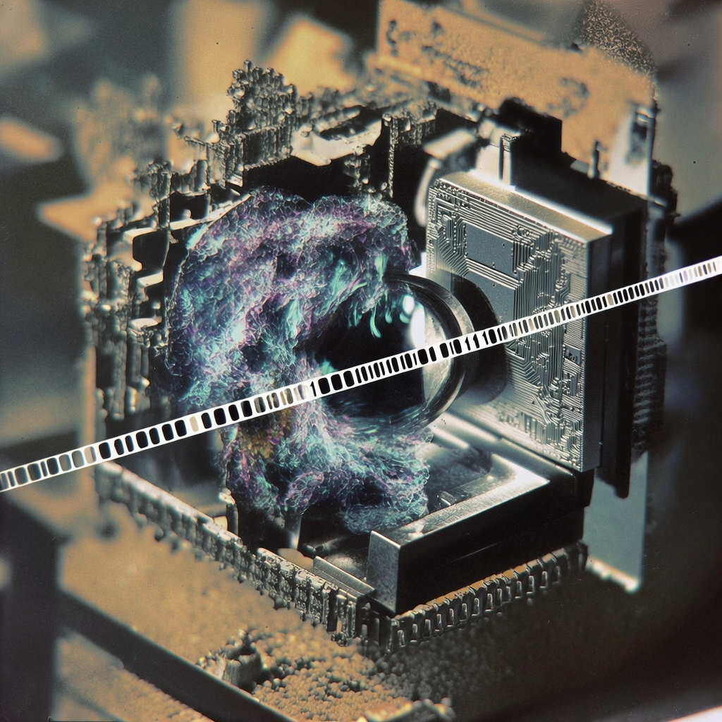 instant Polaroid photograph, vintage 1970s aesthetic, faded colors, white border frame, slightly overexposed, nostalgic lo-fi quality, amateur snapshot, An intricate microscopic view inside a magnetic tunnel junction, showing turbulent electron spin fluctuations, with a monolithic FPGA chip imposing geometric order, converting the chaos into a single, flawless stream of binary light, sharp directional lighting from the chip casting long shadows and intense highlights, atmosphere of intense, precise control over fundamental chaos. [bria/fibo/generate]