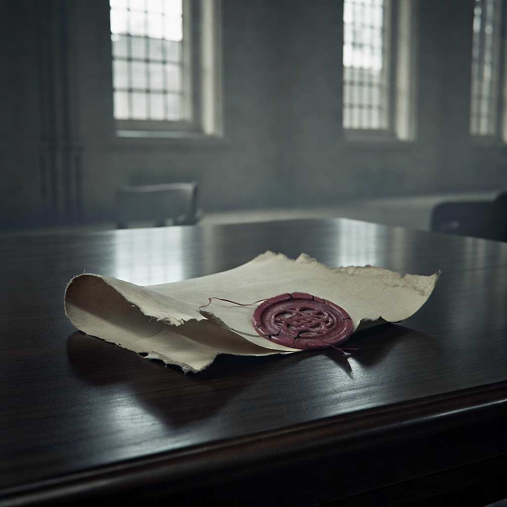 muted documentary photography, diplomatic setting, formal atmosphere, institutional gravitas, desaturated color palette, press photography style, 35mm film grain, natural lighting, professional photojournalism, a frayed parchment scroll lying on a dark oak table, its edges worn and splitting at the folds, sealed with cracked red wax stamped with interlocking emblems now partially undone by a single loose silk thread, side-lit by narrow shafts of cold morning light from tall institutional windows, atmosphere of silent tension in a hushed, empty hall of treaties [Bria Fibo]