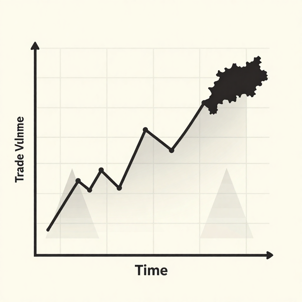 clean data visualization, flat 2D chart, muted academic palette, no 3D effects, evidence-based presentation, professional infographic, minimal decoration, clear axis labels, scholarly aesthetic, a hand-drawn-style trend line on a translucent overlay, transitioning into a bold geopolitical border, plotted on a two-dimensional grid with clean x-axis (Time) and y-axis (Trade Volume), faint demographic pyramids in the background, ink-smudged axis labels, soft northward lighting, atmosphere of archival revelation [Z-Image Turbo]