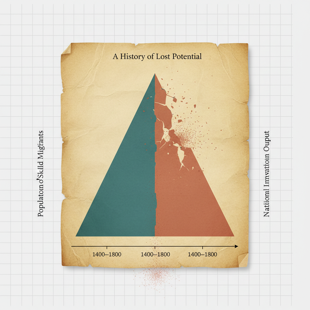clean data visualization, flat 2D chart, muted academic palette, no 3D effects, evidence-based presentation, professional infographic, minimal decoration, clear axis labels, scholarly aesthetic, A large, freestanding demographic pyramid etched into weathered parchment and mounted on a stark grid background, its left half solid and rising steadily, its right half cracked and crumbling at the mid-century mark, fine dust falling from the breaks; sharp graphite lines define axis labels tracking "Population of Skilled Migrants" and "National Innovation Output" over 1400–1800; flat, overhead lighting eliminates shadows, emphasizing clarity and precision; the atmosphere is archival and austere, like a museum of lost potential, where data itself bears witness to historical consequence. [Nano Banana]