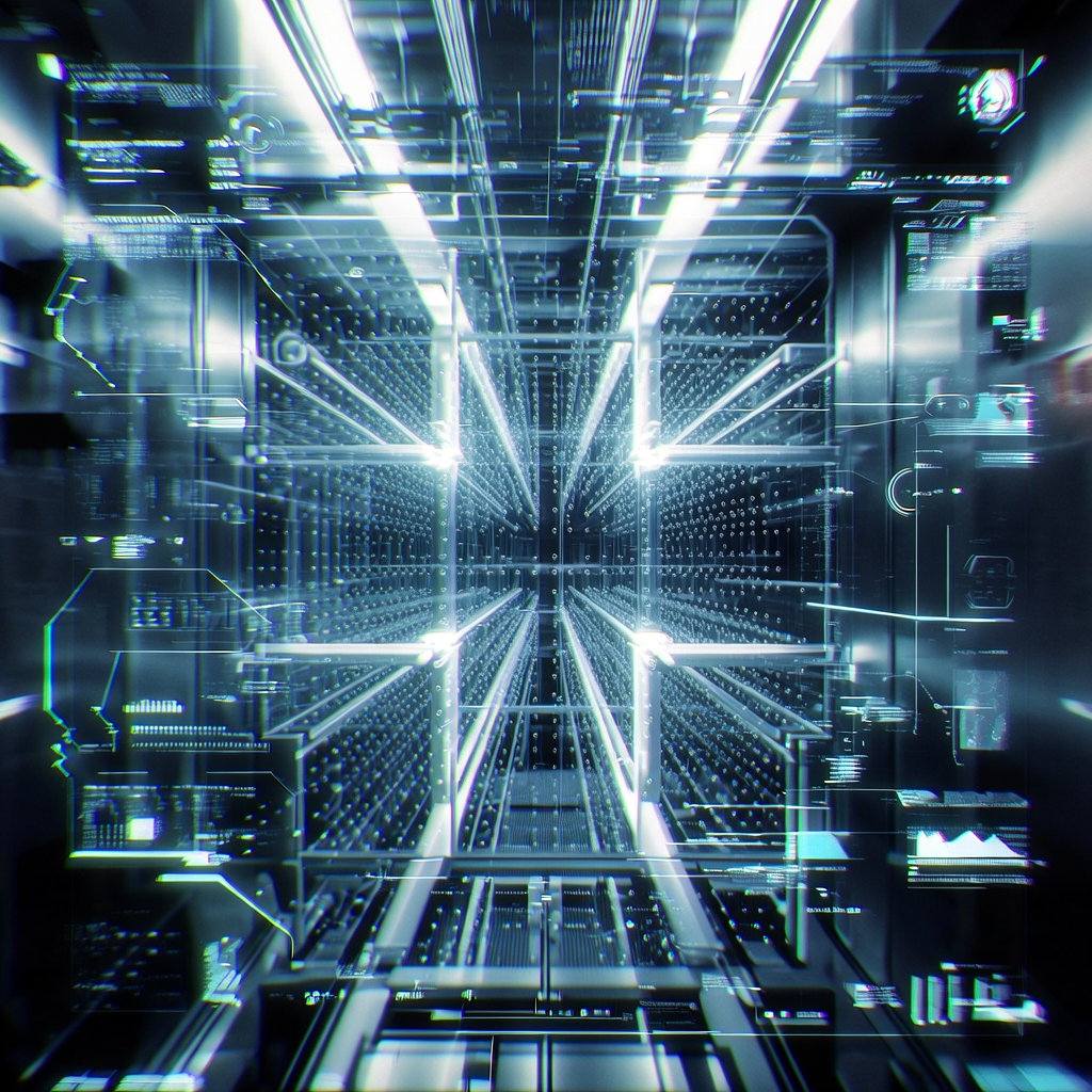 first-person view through futuristic HUD interface filling entire screen, transparent holographic overlays, neon blue UI elements, sci-fi heads-up display, digital glitch artifacts, RGB chromatic aberration, data corruption visual effects, immersive POV interface aesthetic, massive array of individually trapped neutral atoms suspended in mid-air by intersecting optical conveyor beams, arranged in a vast 3D lattice structure inside an ultra-high vacuum chamber, intense directional lighting from above highlighting beam convergence points, silent precision with faint atomic glow indicating coherence, atmosphere of controlled breakthrough [bria/fibo/generate]