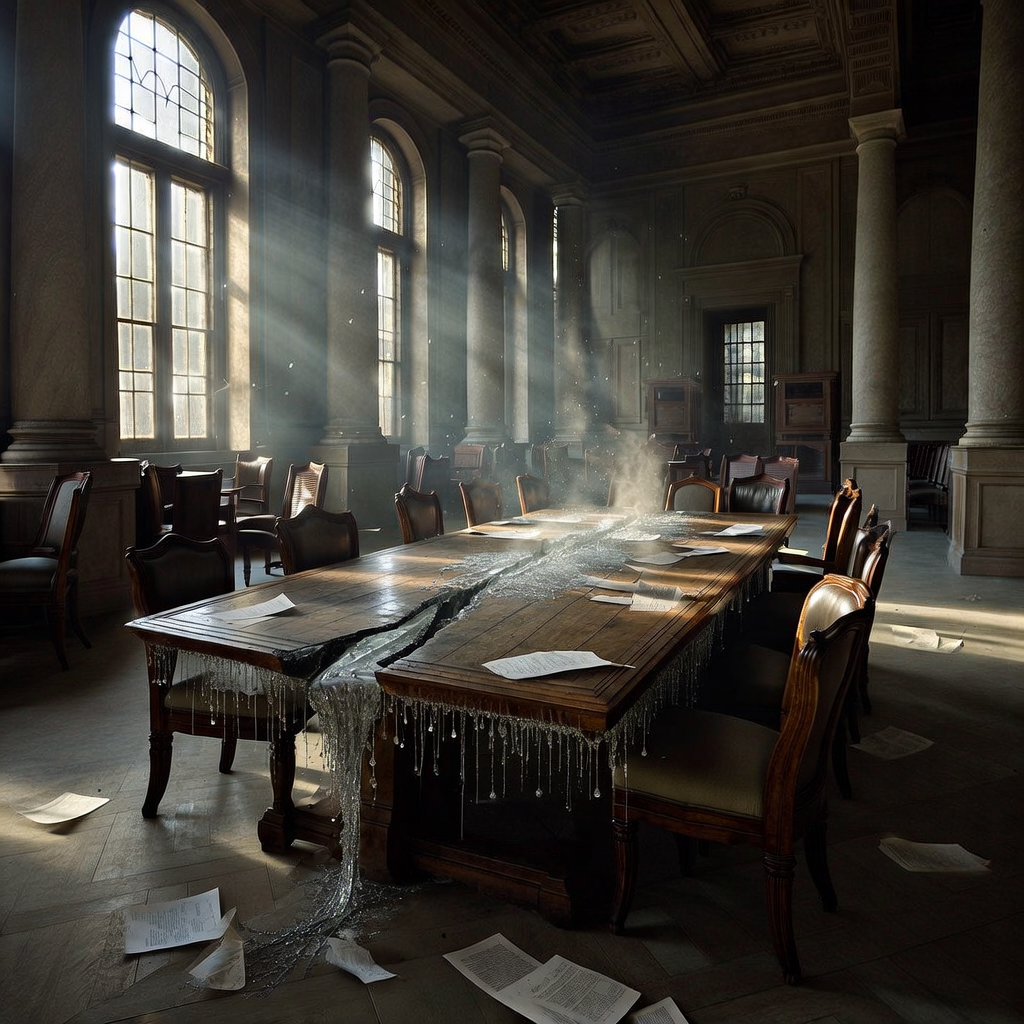 empty formal interior, natural lighting through tall windows, wood paneling, institutional architecture, sense of history and permanence, marble columns, high ceilings, formal furniture, muted palette, A long colonial-era boardroom table cracked down its center, molten silver oozing from the fissure and hardening at the edges into delicate crystalline filaments, sunlight streaming through tall, grimy windows at a low angle, illuminating dust and the faint shimmer of vapor rising from the metal, the room silent and abandoned, heavy mahogany chairs slightly askew, scattered papers fluttering as if caught mid-tremor, the air still but charged with aftermath. [Bria Fibo]