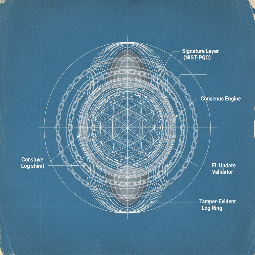 technical blueprint on blue paper, white precise lines, engineering annotations, 1950s aerospace, A spherical vault core in cutaway view, composed of interwoven geometric lattice structures symbolizing post-quantum cryptography and concentric rings of immutable block chains representing blockchain verification, layered like an onion with internal annotation lines pointing to discrete components: "Signature Layer (NIST-PQC)", "Consensus Engine", "FL Update Validator", and "Tamper-Evident Log Ring", all rendered in precision technical drawing style with fine ink lines, subtle grayscale shading, and clean white negative space surrounding the isolated object [Nano Banana]