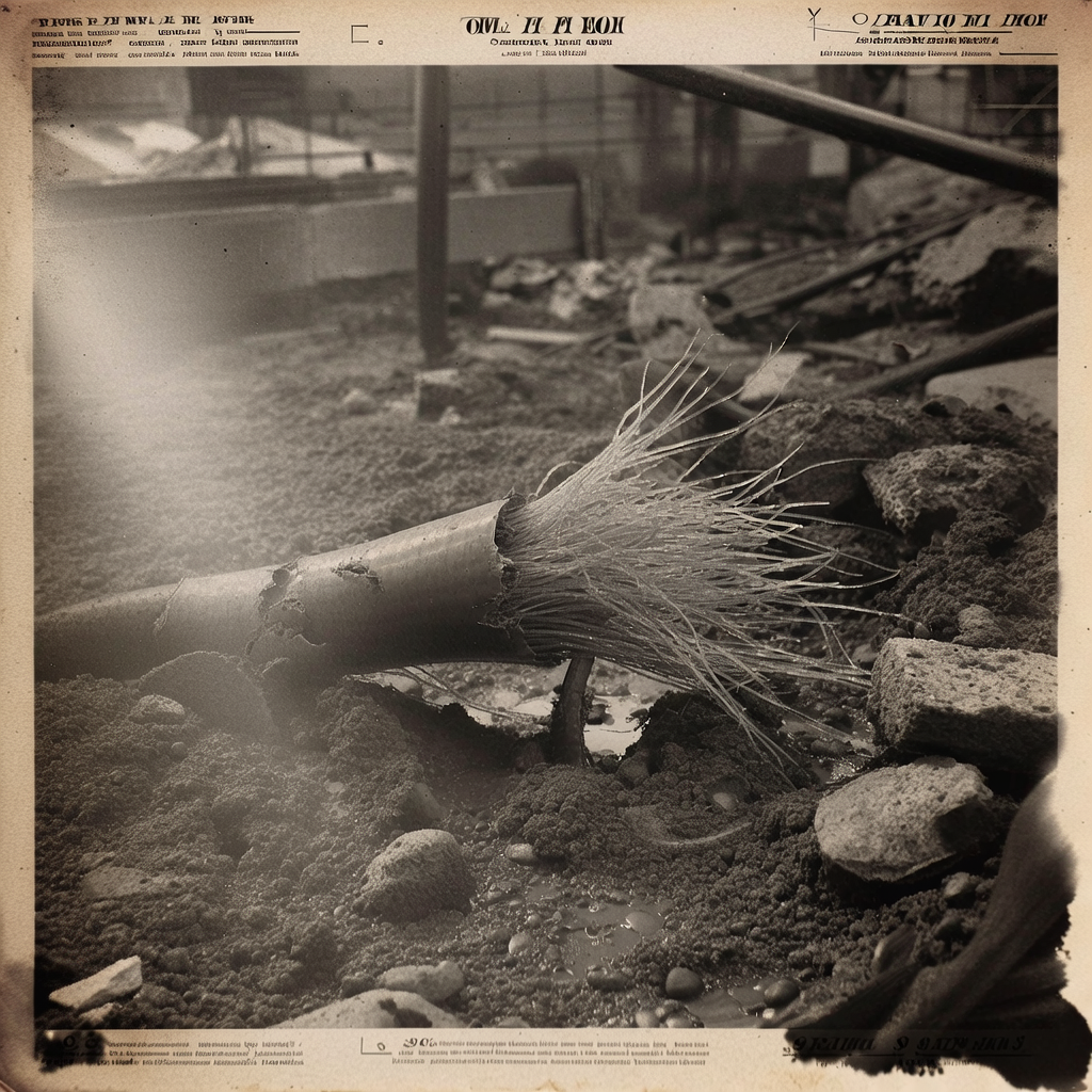 vintage Victorian newspaper photograph, sepia tone, aged paper texture, halftone dot printing, 1890s photojournalism, slight grain, archival quality, authentic period photography, A severed fiber-optic cable, its bundle of crystalline filaments exposed like broken nerves, embedded in wet alluvial soil and concrete rubble, lit from the left by a single harsh beam cutting through construction dust, atmosphere heavy with latent urgency and silent competition. [Bria Fibo]