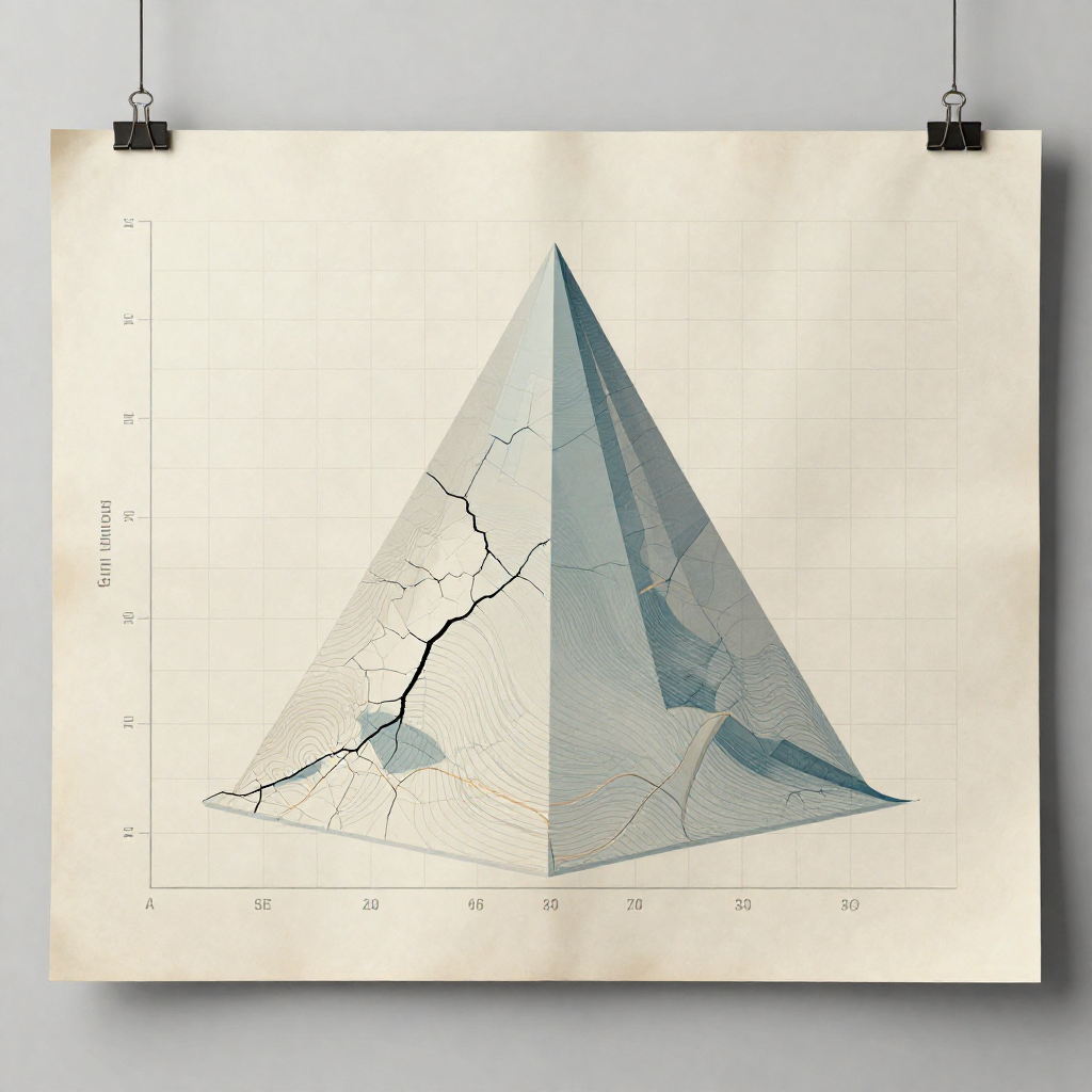 clean data visualization, flat 2D chart, muted academic palette, no 3D effects, evidence-based presentation, professional infographic, minimal decoration, clear axis labels, scholarly aesthetic, a large, aged paper map suspended on a flat surface, its surface cracked along invisible seams where faint, semi-transparent demographic pyramids and trend lines are embedded beneath like watermark patterns, vertical axis labels in small serif font visible at edges, soft overhead lighting casting subtle shadows on grid-line background, atmosphere of quiet revelation and irreversible disclosure [Z-Image Turbo]