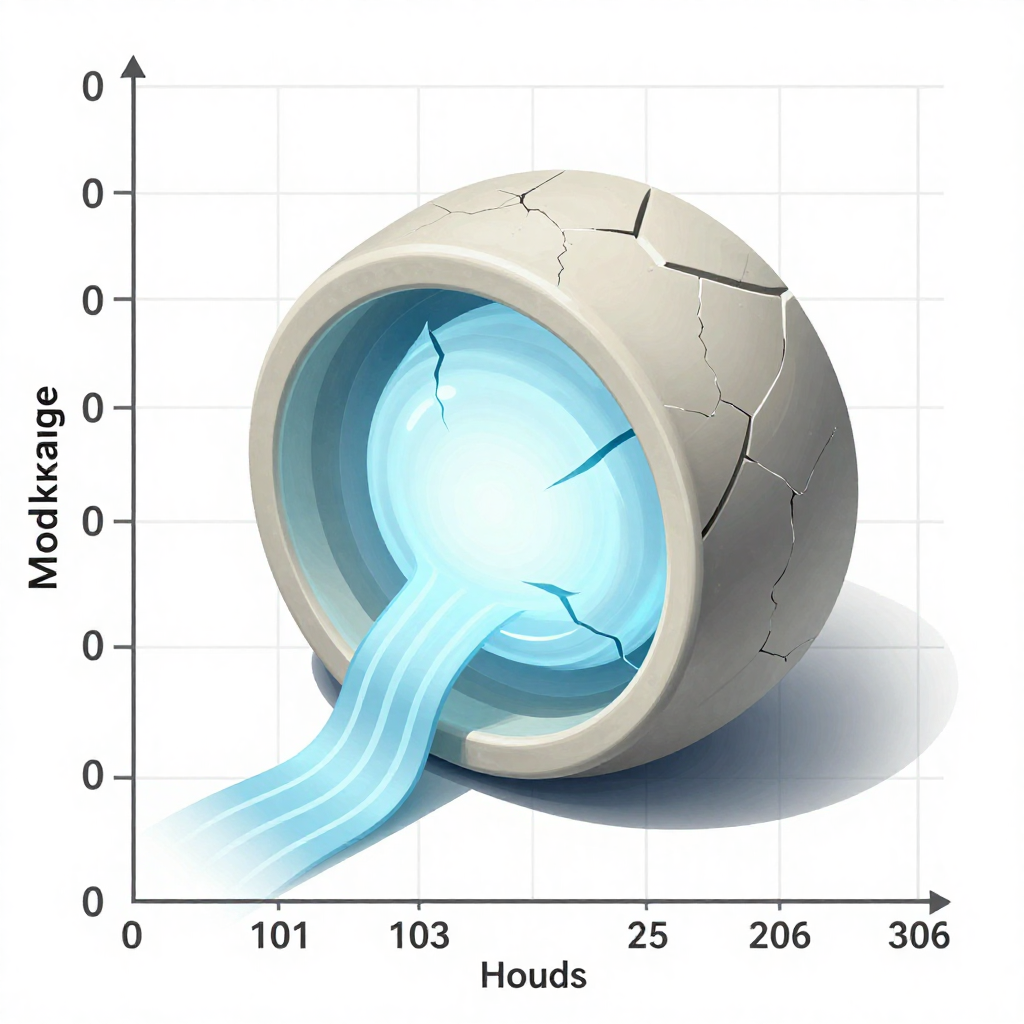 clean data visualization, flat 2D chart, muted academic palette, no 3D effects, evidence-based presentation, professional infographic, minimal decoration, clear axis labels, scholarly aesthetic, cross-sectional diagram of a cracked, glowing AI core, smooth ceramic casing with stress fractures, data streams in monochromatic blue bleeding from fissures, top-down lighting casting sharp shadows, clinical atmosphere of forensic analysis, set against a clean grid background with labeled axes tracking model leakage over time [Z-Image Turbo]