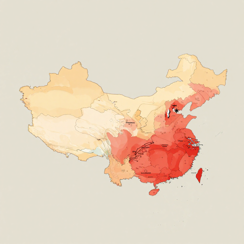 flat color political map, clean cartographic style, muted earth tones, no 3D effects, geographic clarity, professional map illustration, minimal ornamentation, clear typography, restrained color coding, flat 2D world map, clean linework showing political boundaries, subtle color gradients indicating supply dependency levels from pale yellow to deep red, thin annotated lines tracing flows of critical minerals, hydrofluoric acid, and embedded software from China to allied nations, one line断裂 (broken) near Germany marked with a stark black asterisk, dim ambient overhead lighting, tense and precarious atmosphere [Z-Image Turbo]