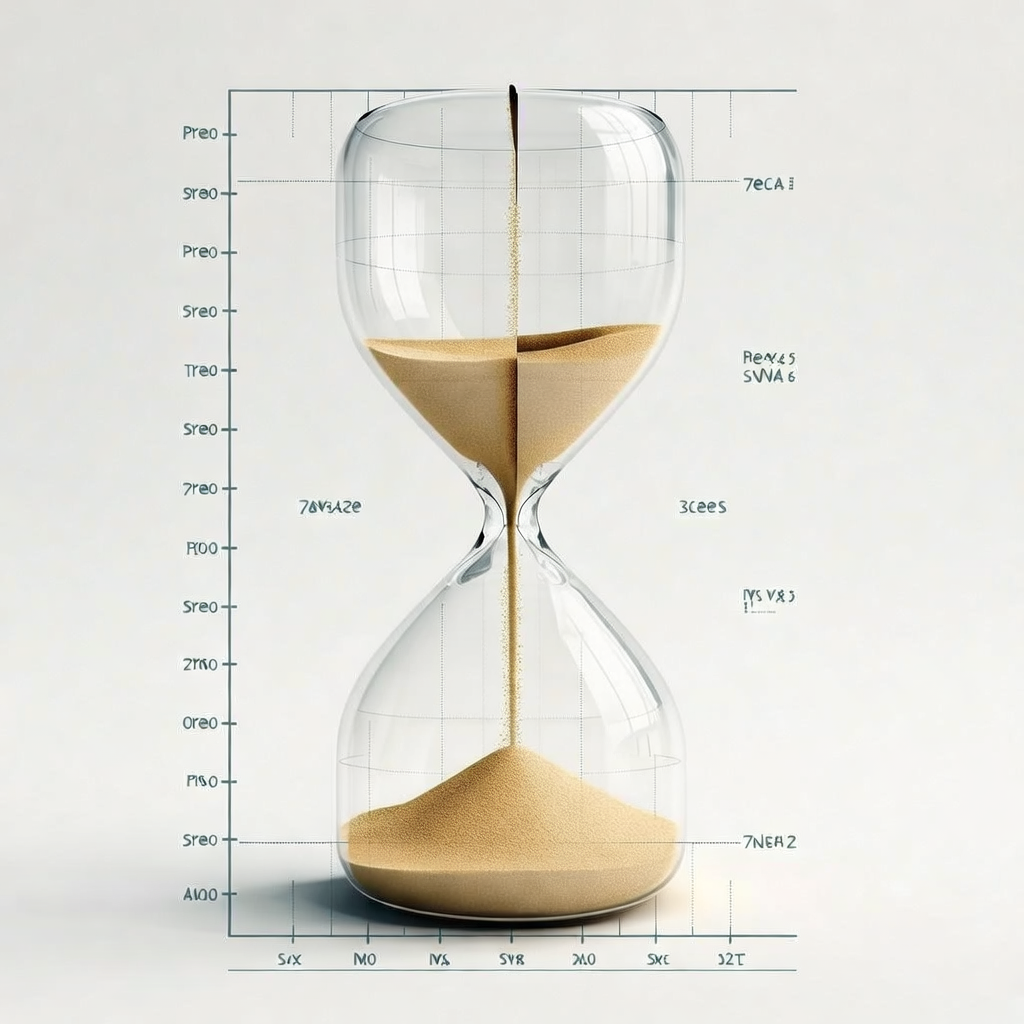 clean data visualization, flat 2D chart, muted academic palette, no 3D effects, evidence-based presentation, professional infographic, minimal decoration, clear axis labels, scholarly aesthetic, a transparent hourglass split vertically into two sealed chambers, fine golden sand slowly trickling through a hairline fracture at the center, glass surfaces etched with faint grid lines and axis labels in muted gray, overhead flat lighting casting precise shadows, atmosphere of clinical stillness [Bria Fibo]