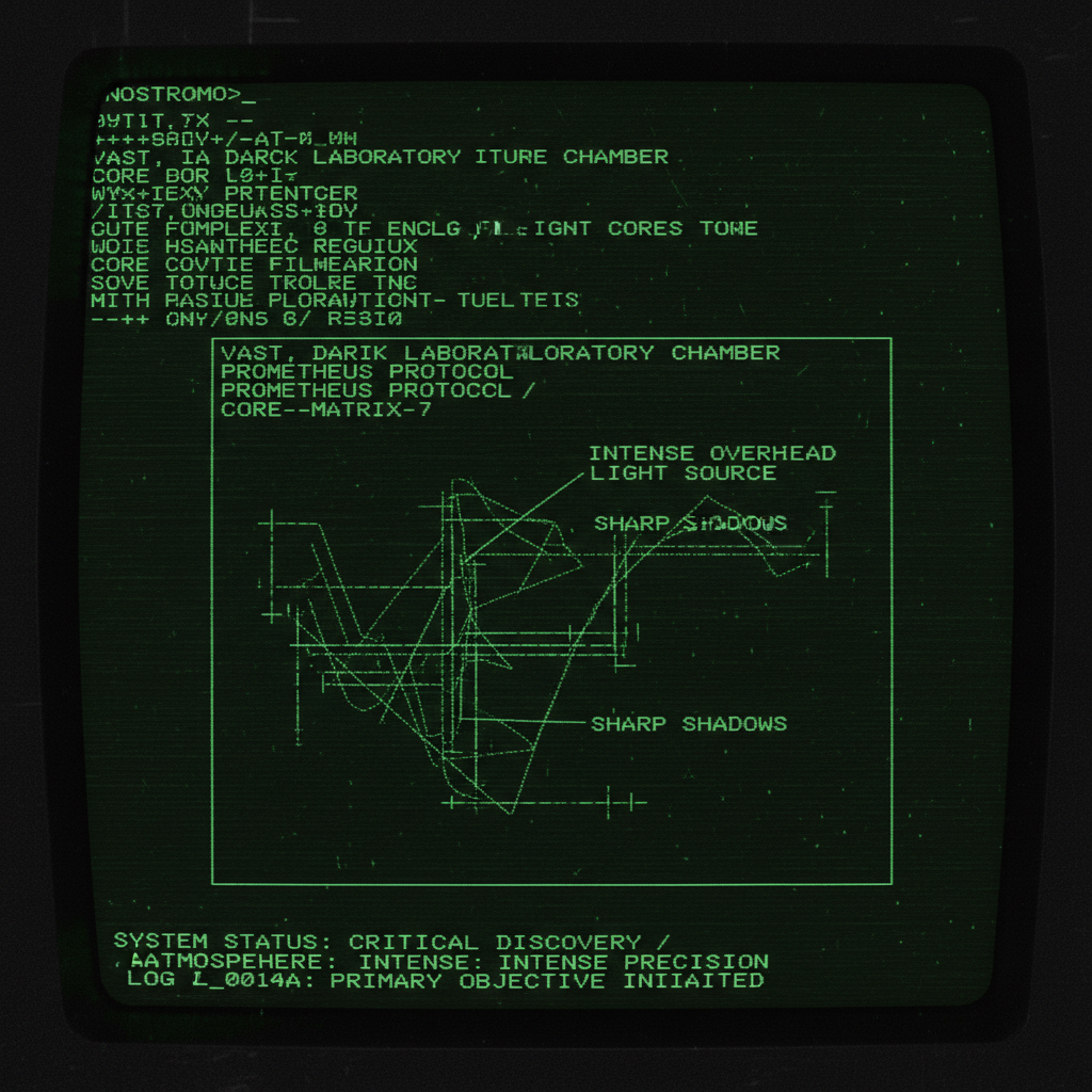 full screen view of monochrome green phosphor CRT terminal display, command line interface filling entire frame, Nostromo aesthetic, heavy scanlines across black background, authentic 1970s computer terminal readout, VT100 style, green text on black, phosphor glow, screen curvature at edges, A vast, dark laboratory chamber centered on a complex, floating holographic core of interwoven light filaments, with intricate pathways of light branching out and intersecting in mid-air, illuminated by a single intense overhead light source casting sharp shadows and creating stark contrast against the darkness, an atmosphere of intense precision and discovery. [fal-ai/nano-banana]