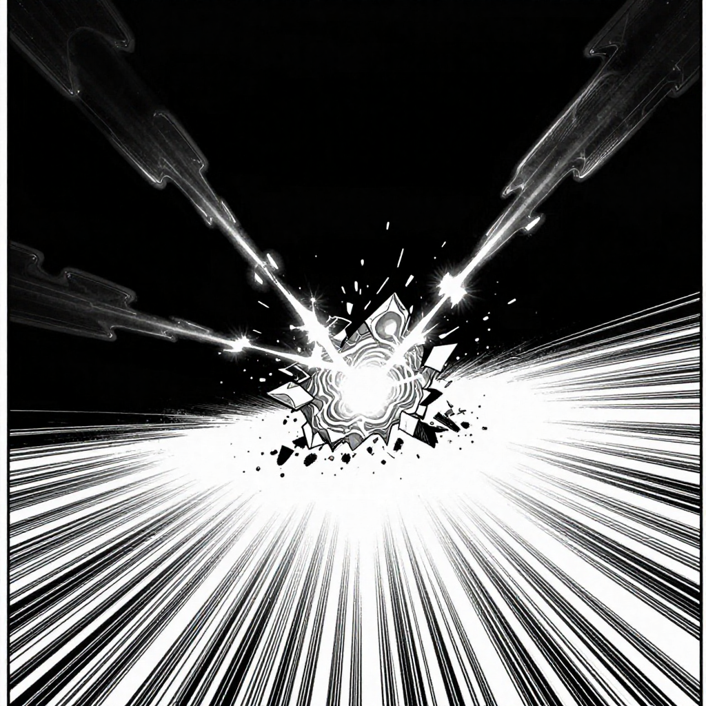 black and white manga panel, dramatic speed lines, Akira aesthetic, bold ink work, a fractured spark splitting into four faint glowing trails, crystalline electric core with quantum ripple textures, backlit by intense radial speed lines, suspended in absolute zero darkness with high-contrast isolation, sudden motion frozen in a vast empty void [Z-Image Turbo]