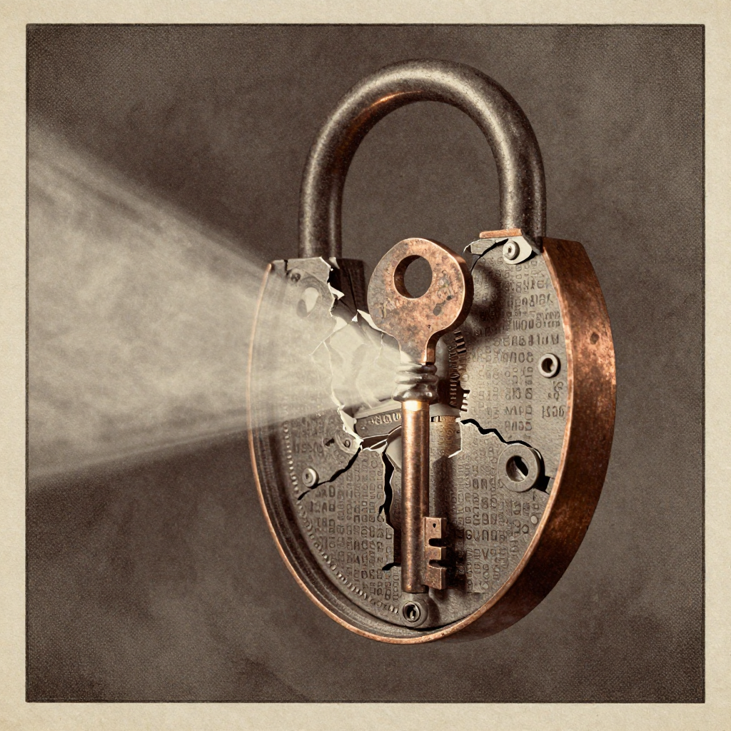 vintage Victorian newspaper photograph, sepia tone, aged paper texture, halftone dot printing, 1890s photojournalism, slight grain, archival quality, authentic period photography, Fractured elliptic lock mechanism, forged in tarnished copper with glowing private key filaments pulsing beneath, cracked open by a beam of cold quantum light from the side, shadows splintering across its core like shattered code, suspended in thick, smoke-laden air that hums with silent tension [Z-Image Turbo]